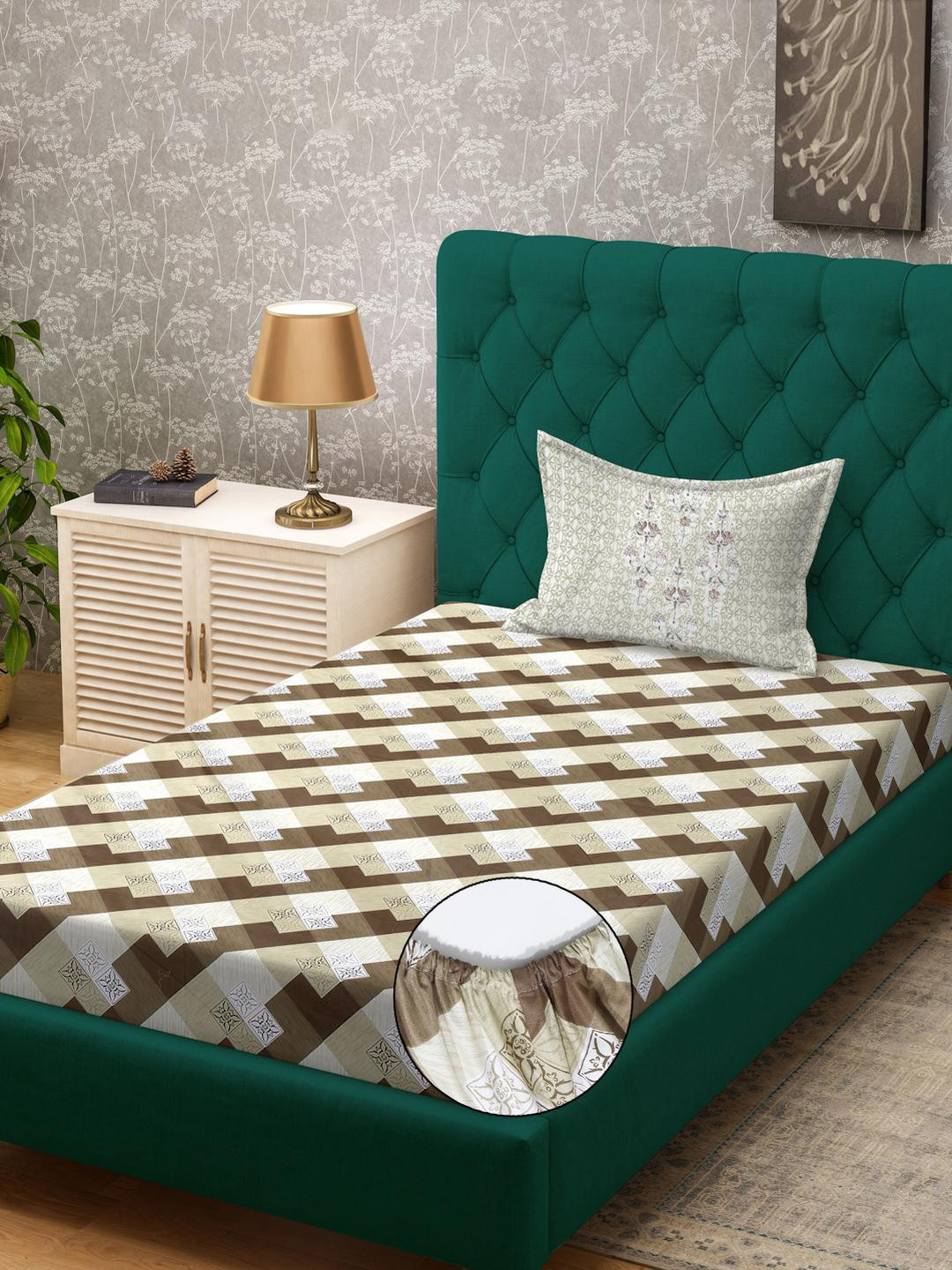 Klotthe Brown Geometric 400 TC Pure Cotton Fitted Single Bedsheet with Pillow Cover