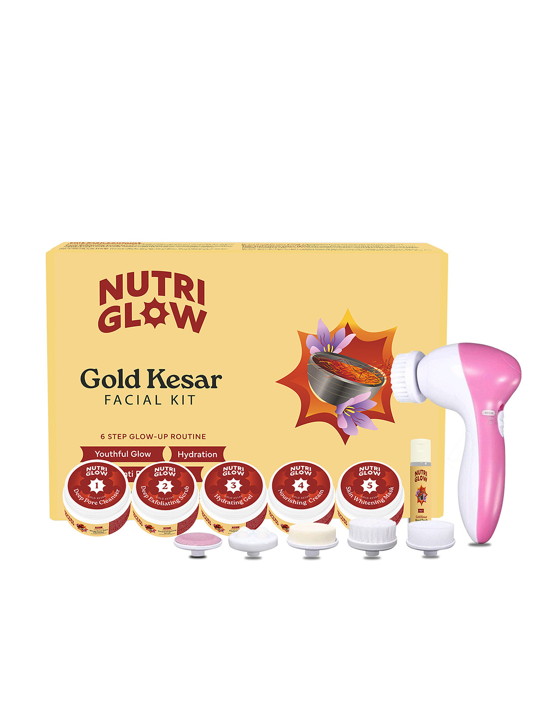 NutriGlow Set of Gold Kesar Facial Kit with 5-in-1 Portable Face Massager