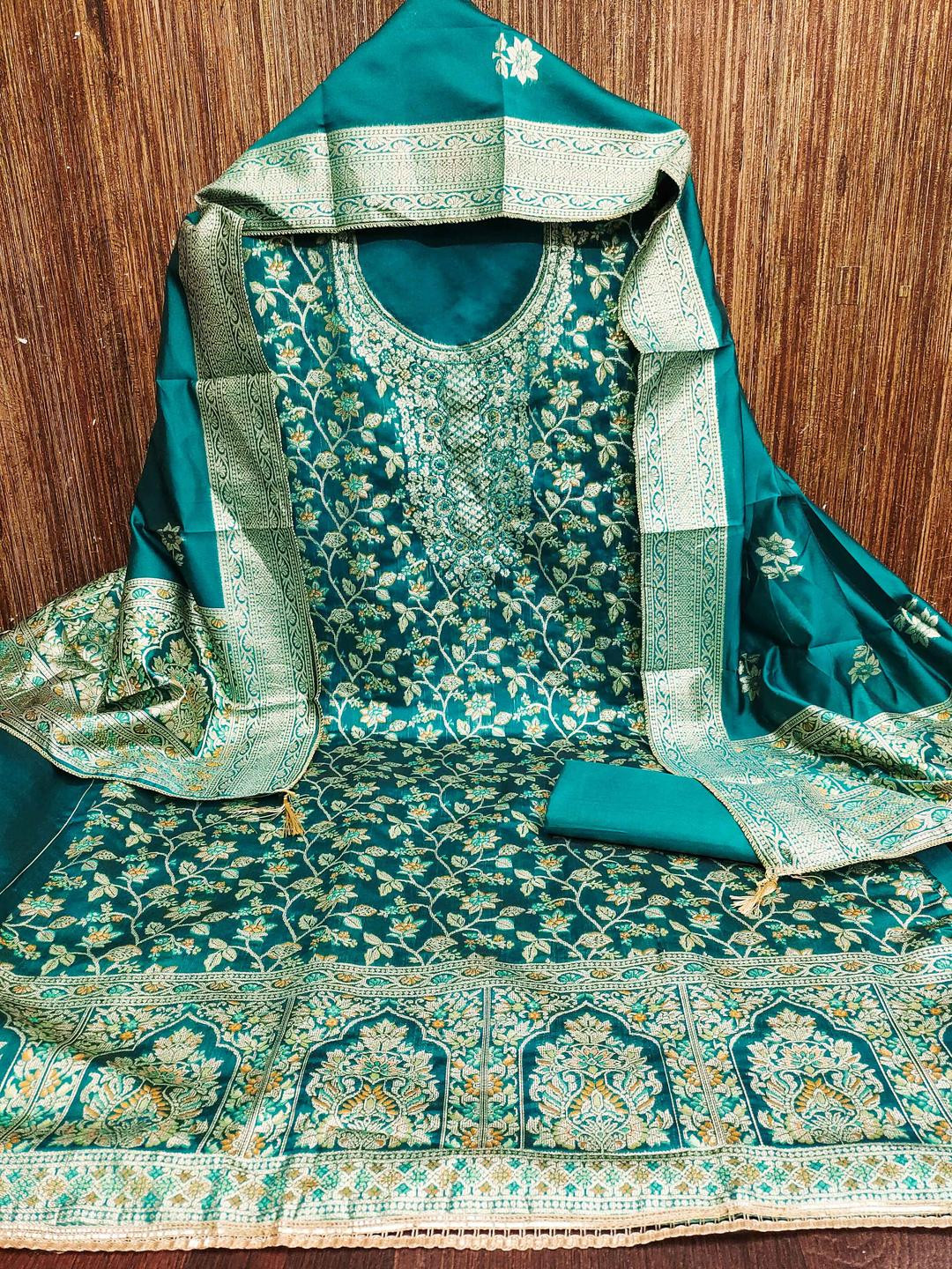 Kalini Women Sea Green Jacquard Weaving Unstitched Dress Material with Dupatta