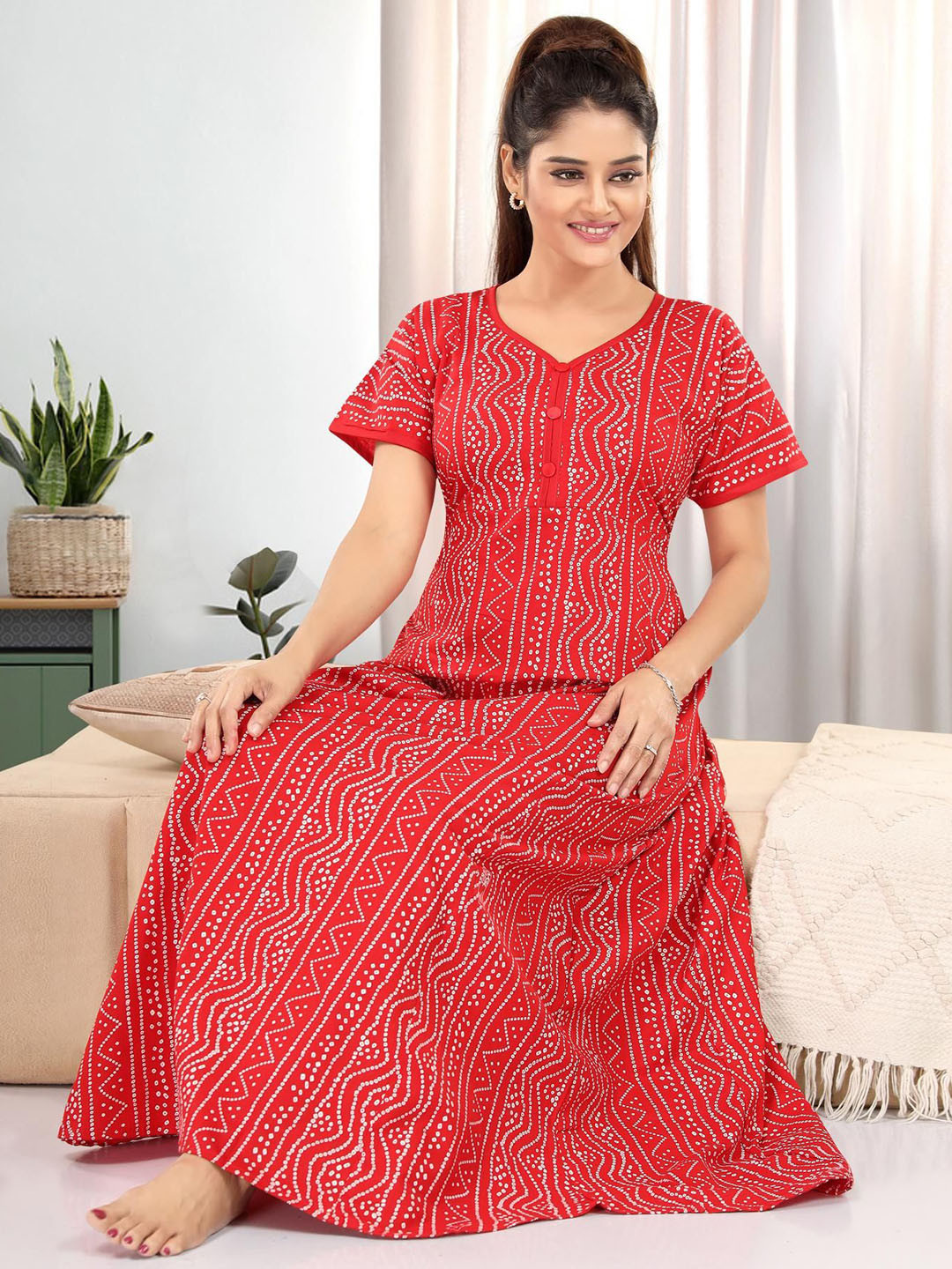 NIGHTY KING Bandhani Printed Short Sleeves Pure Cotton Maxi Nightdress