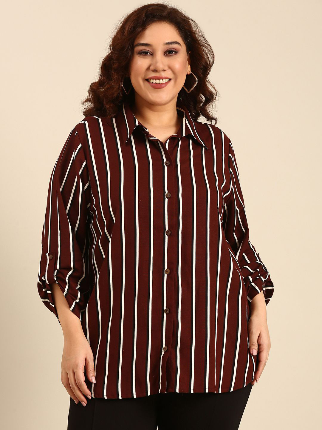 The Pink Moon Women Plus Size Relaxed Fit Vertical Striped Spread Collar Casual Shirt
