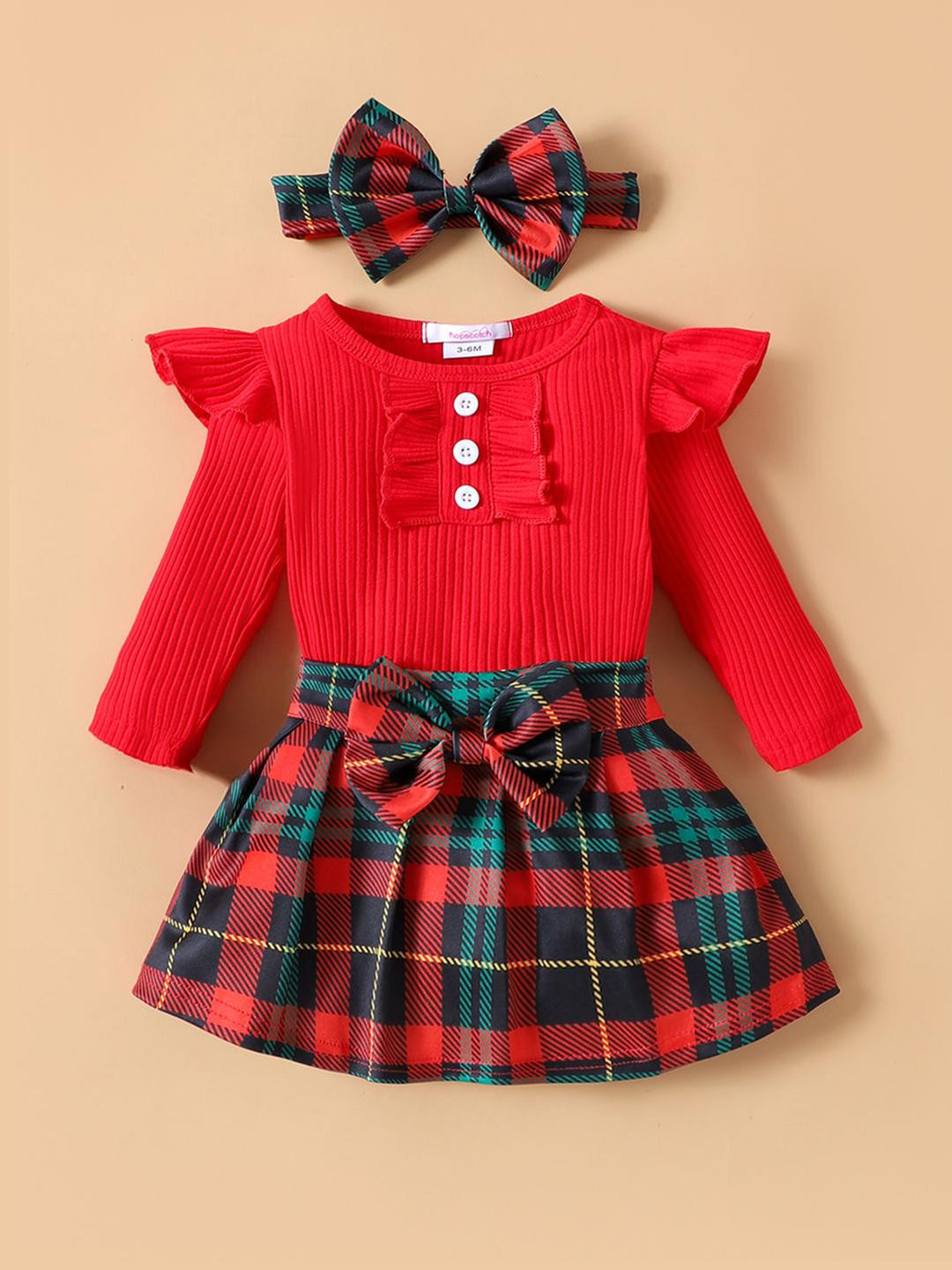 2-Pc Checkered Onesie & Skirt with Headband