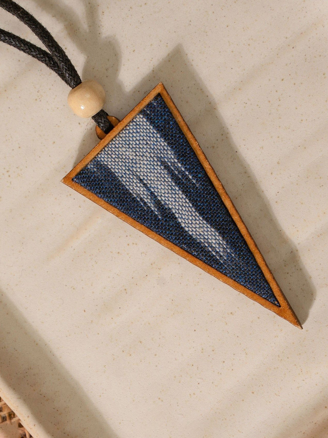 WHE Unisex Blue Repurposed Fabric and Wood Triangular Pendant