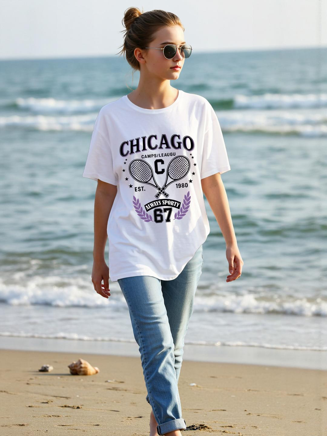 Dagcros Girls Cotton Oversized Chicago Sport League T-Shirt Loose Fit