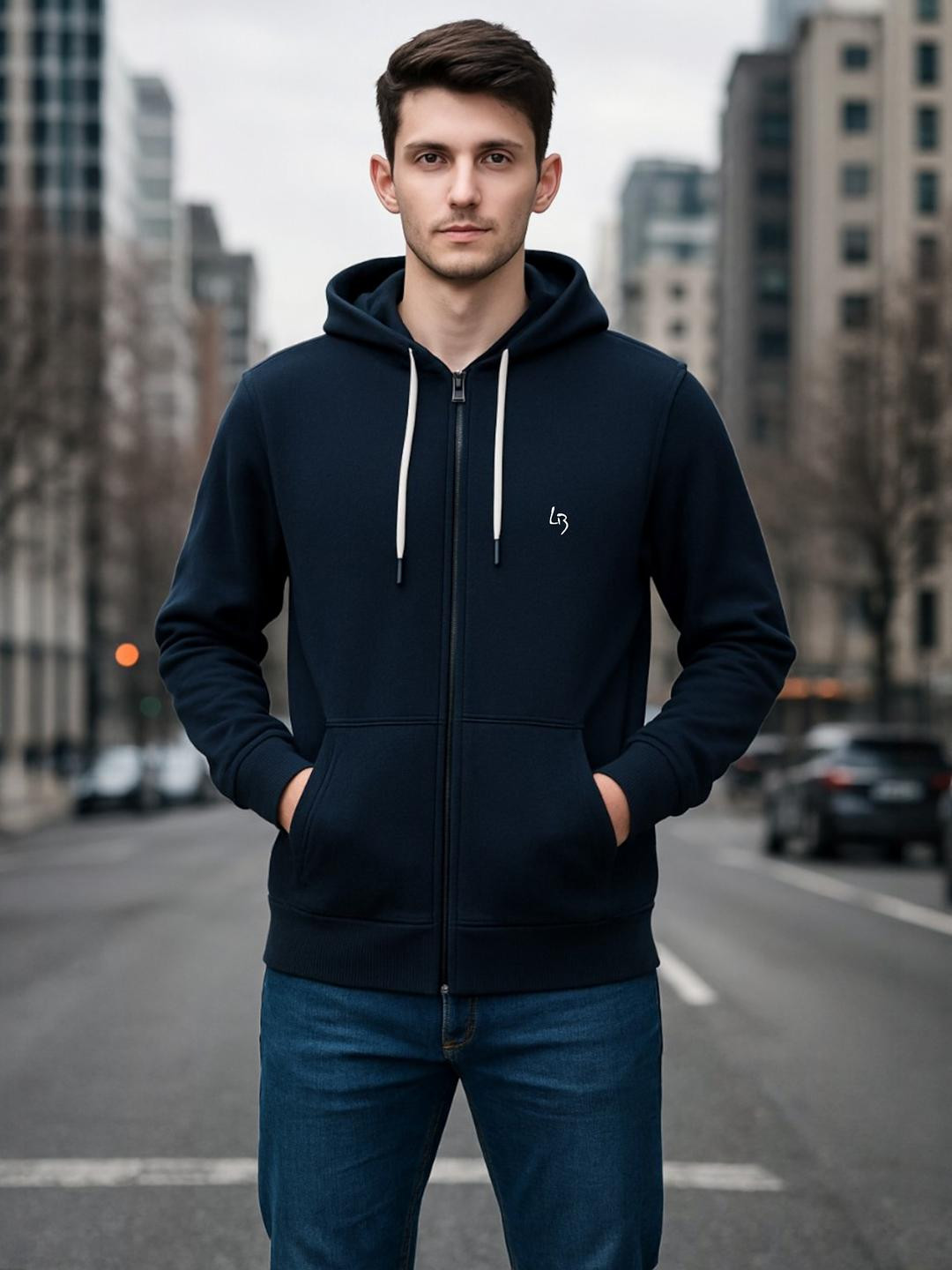 LEE BONEE Men Navy Blue Hooded Cotton Kangaroo Pocket Sweatshirt