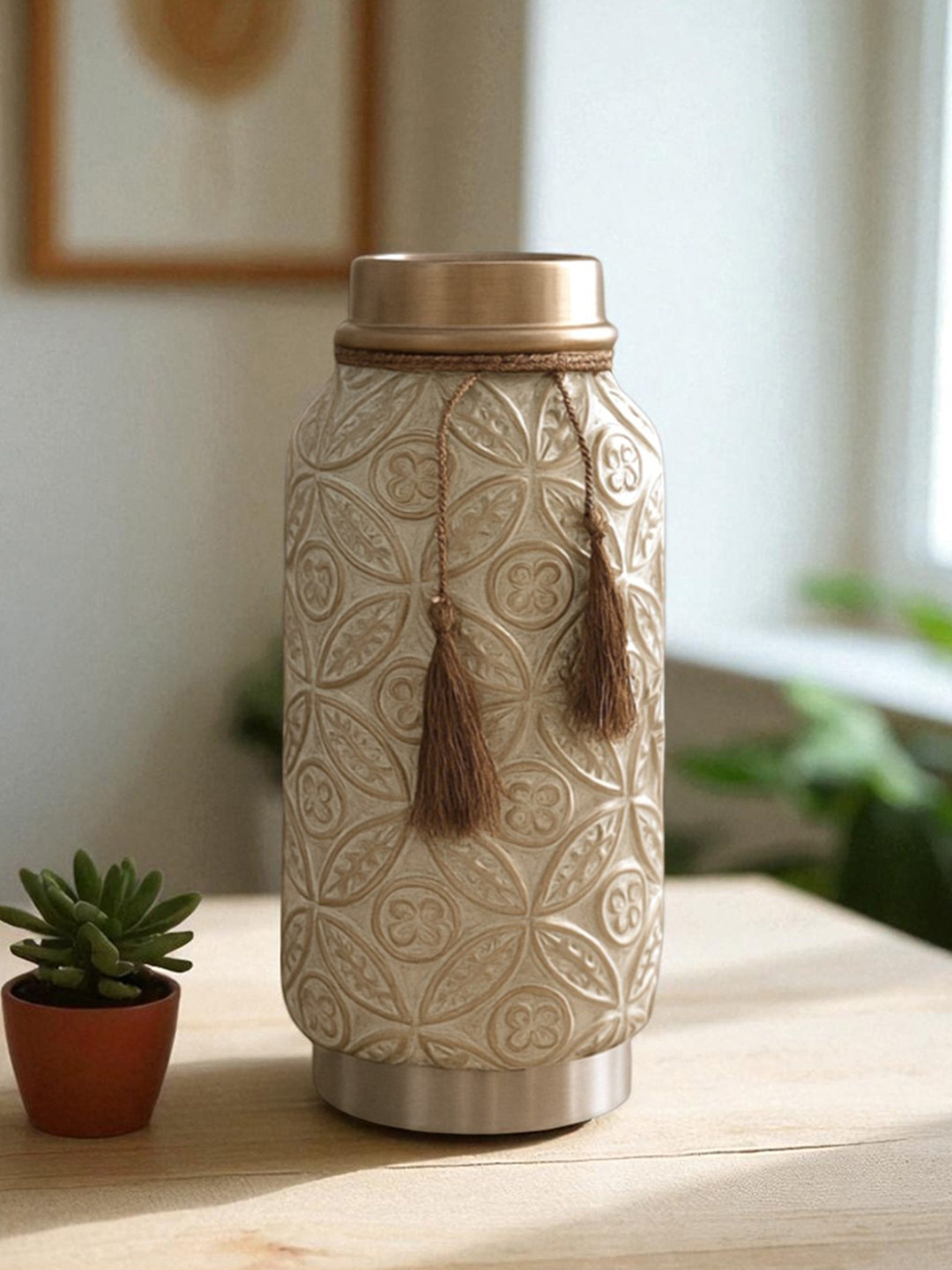 AARVI DECOR STUDIO Beige Vintage Inspired Ceramic Cylindrical Walnut Shine Vase