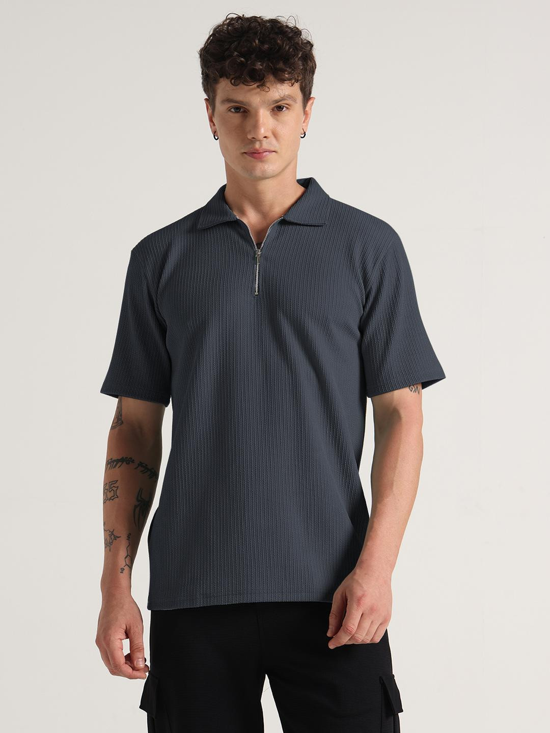 Moda Rapido Men Polo Collar Zip Neck T-shirt