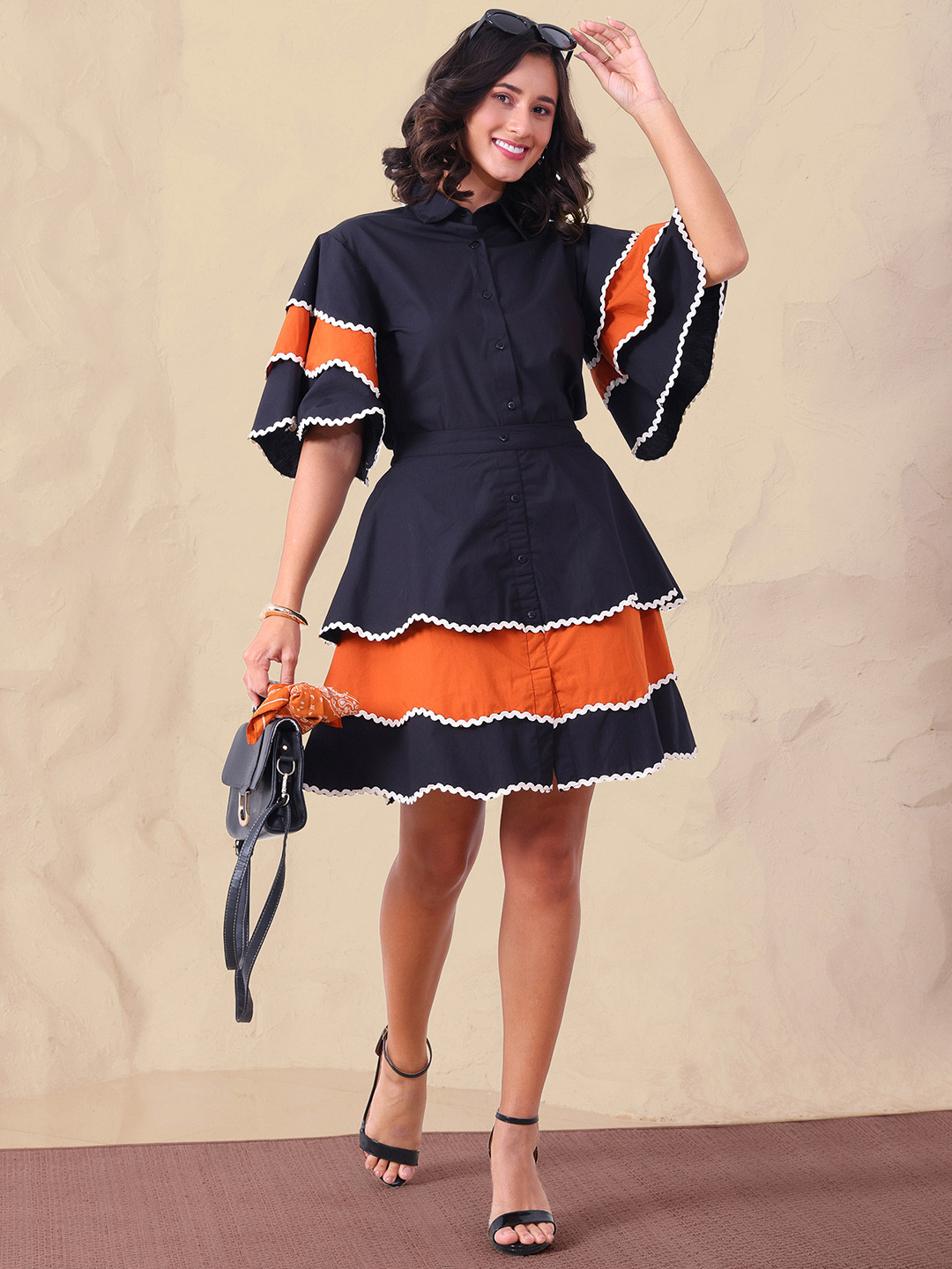 DEEBACO Colorblocked Pure Cotton Shirt Collar Ruffled Shirt with Skirt