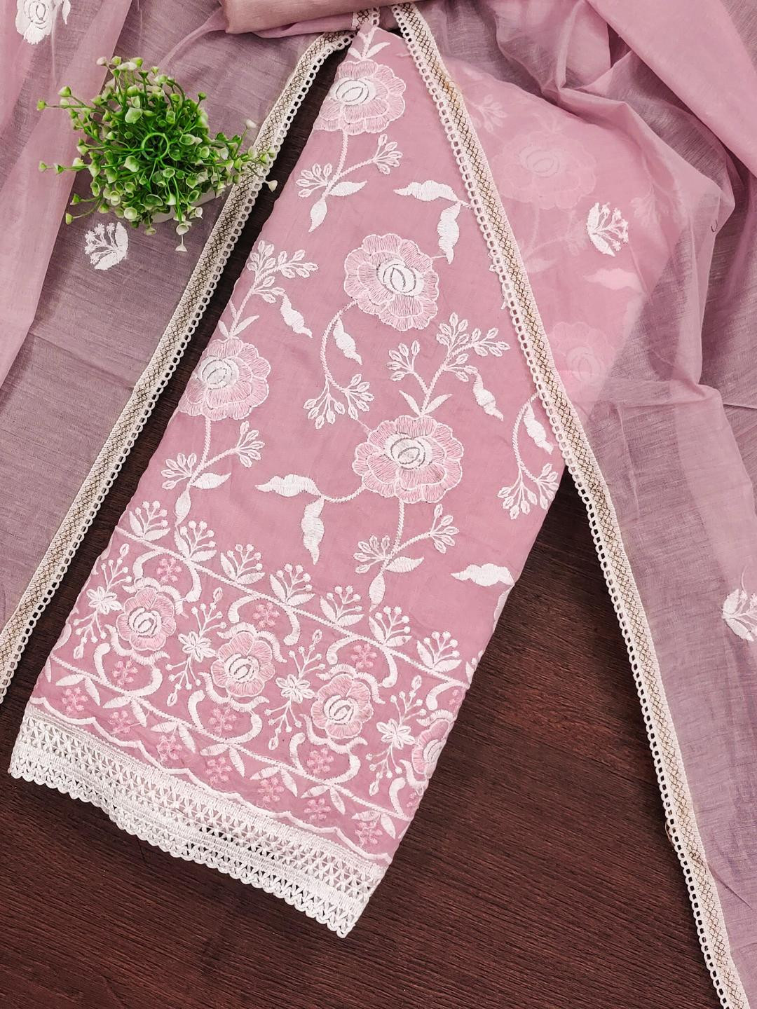 Kalini Women Baby Pink Chanderi Cotton Embroidery Unstitched Dress Material with Dupatta