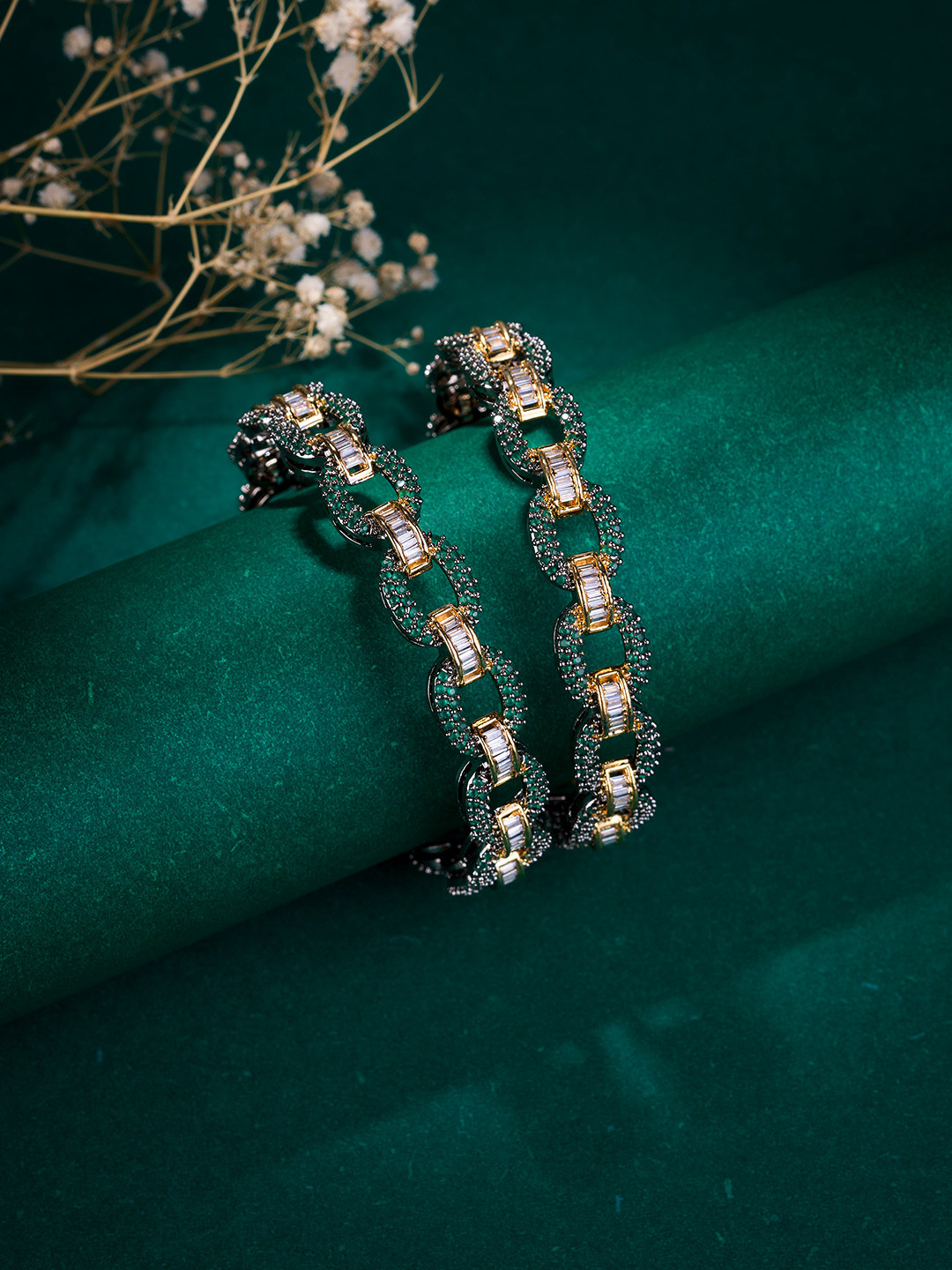 Opal Touch Set Of 2 Gold-Plated & Black-Plated American Diamond Studded Bangles