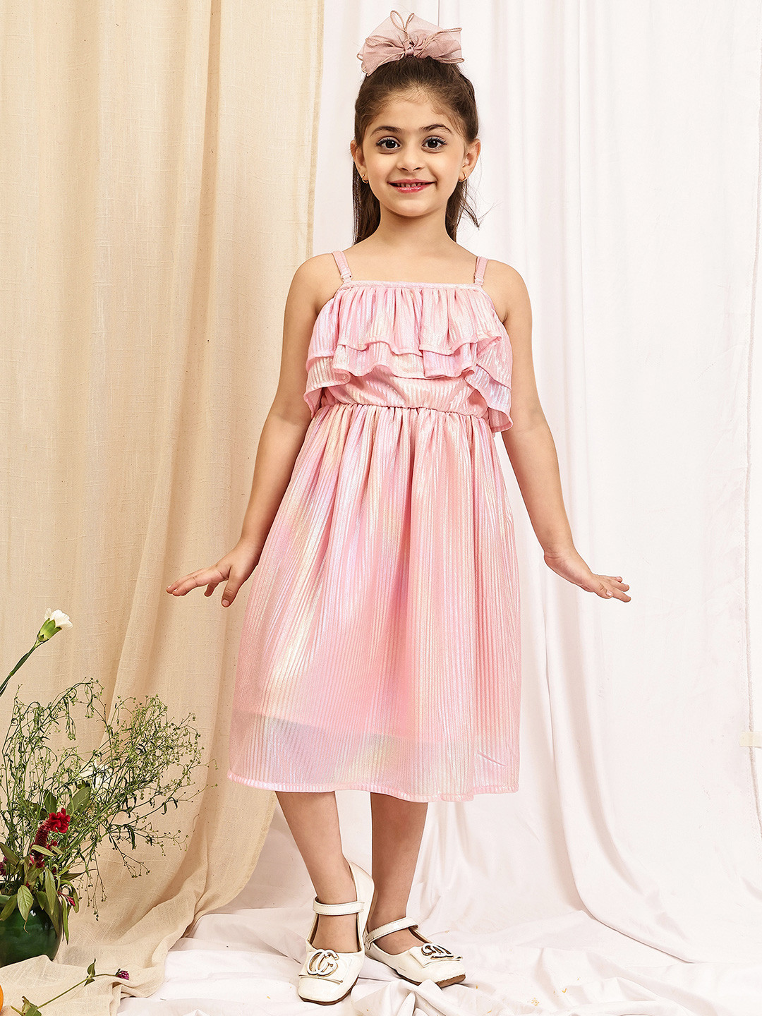 NEUDIS Girls Striped Ruffled Layered A-Line Midi Dress with Adjustable Straps