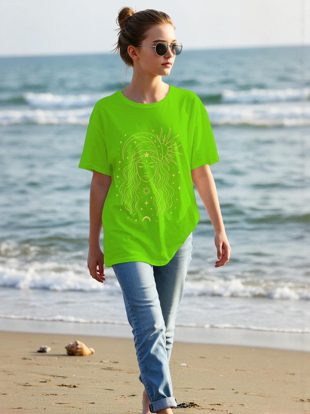 Dagcros Women Green Oversized Printed T-shirt