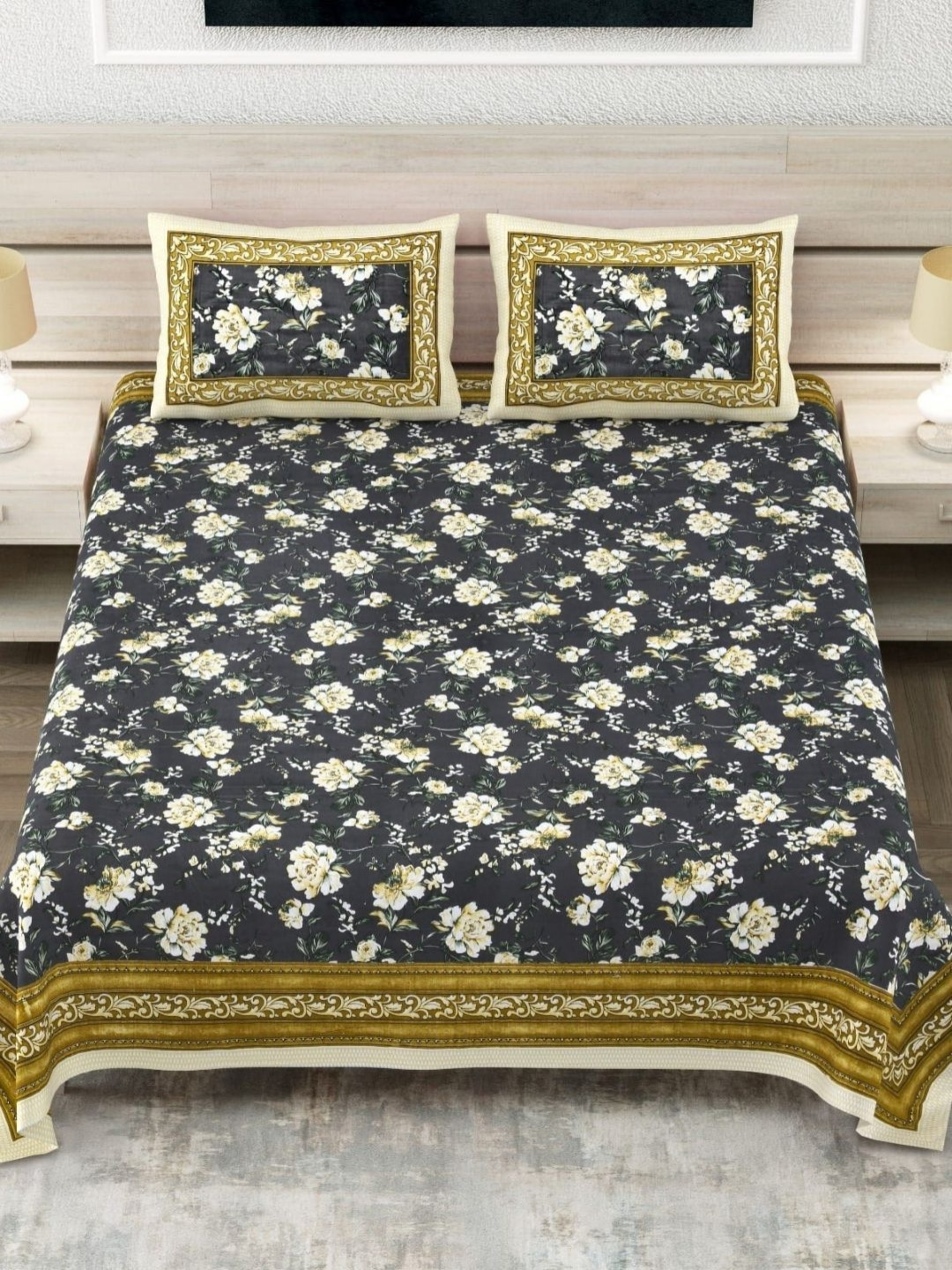 Bedbathandbliss Grey Floral 250 TC Bedsheet 2.75 m x 2.75 m