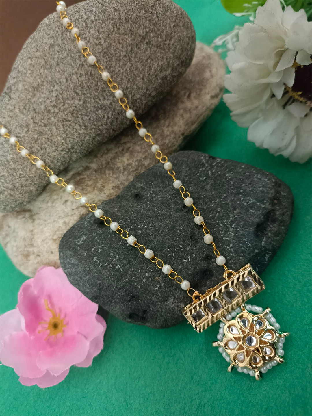 Sanjog Gold-Plated Kundan Studded Minimal Barred Blossom Pearl Necklace