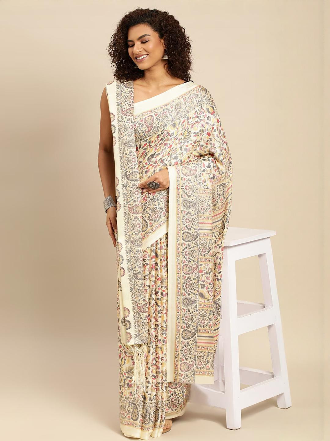 White Pashmina Silk Saree With Unstitched Blouse And Shawal