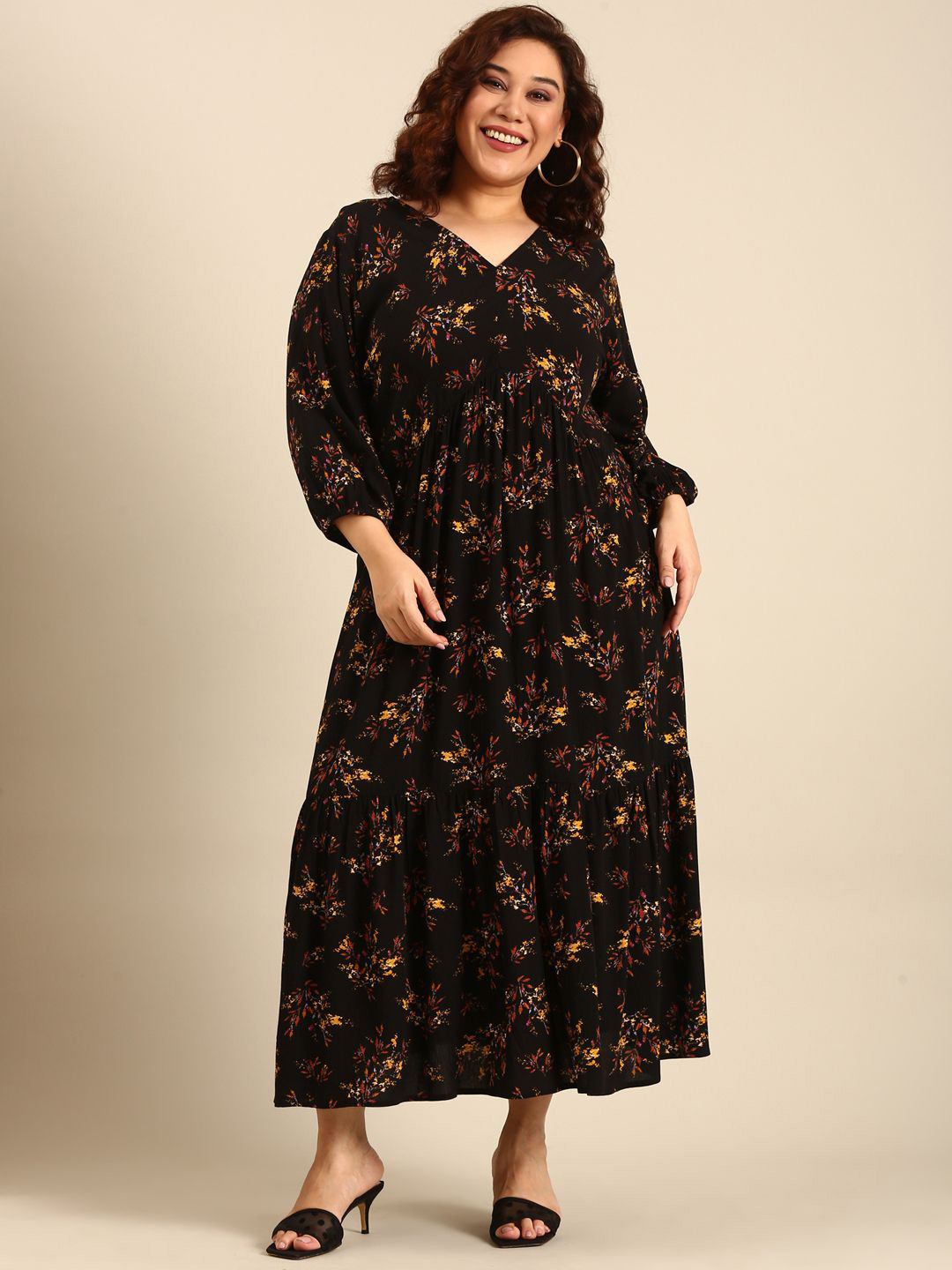 The Pink Moon Black Leaf Print Alia-Cut Tiered Dress