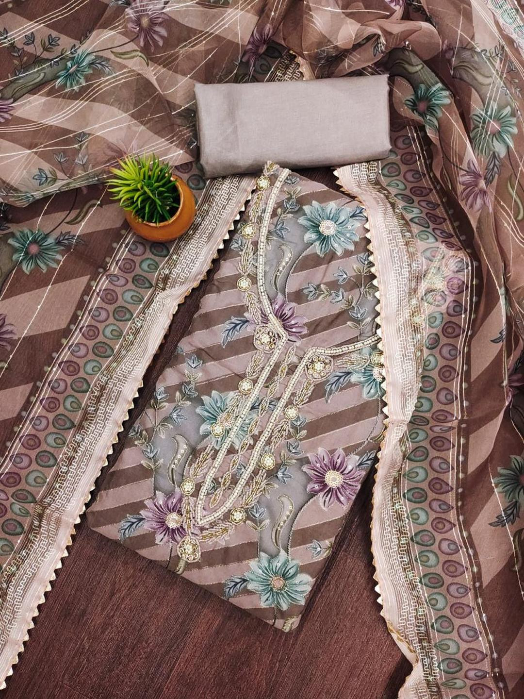 Kalini Women Multi Organza Sequence Unstitched Dress Material with Dupatta