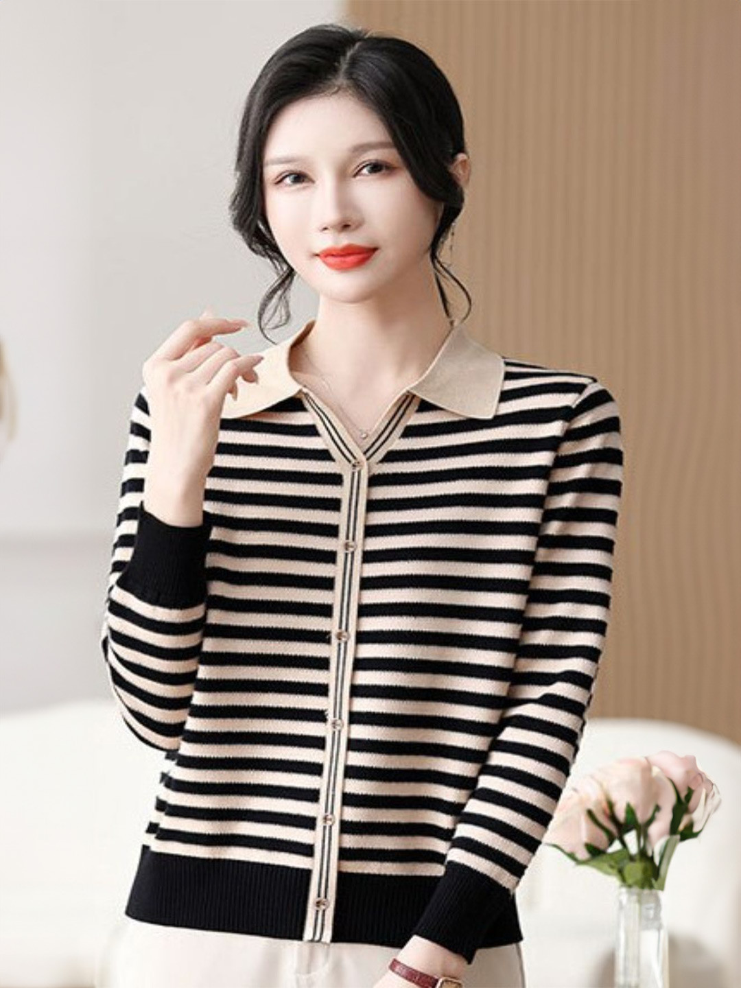 all about you Striped Collared Button-Front Cardigan