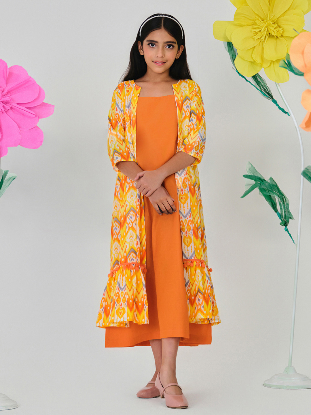 YK X Trampoline Girls Cotton Woven Floral Printed Dress with Shrug