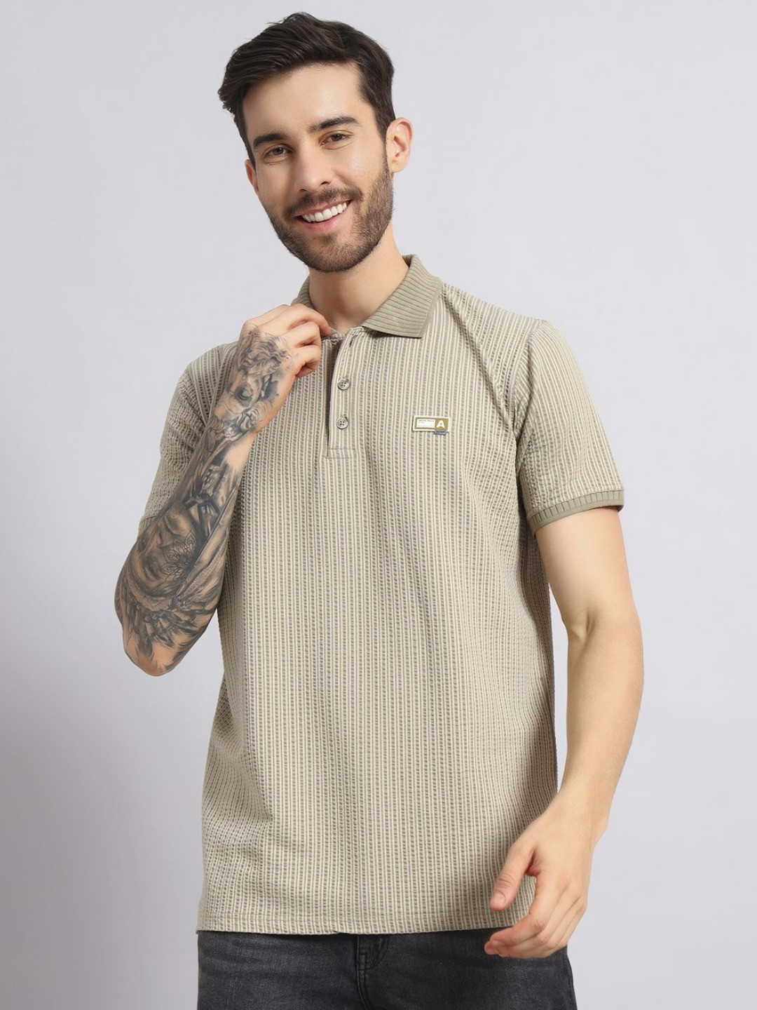 SANDPIPER Men Striped Polo Collar Cotton T-shirt