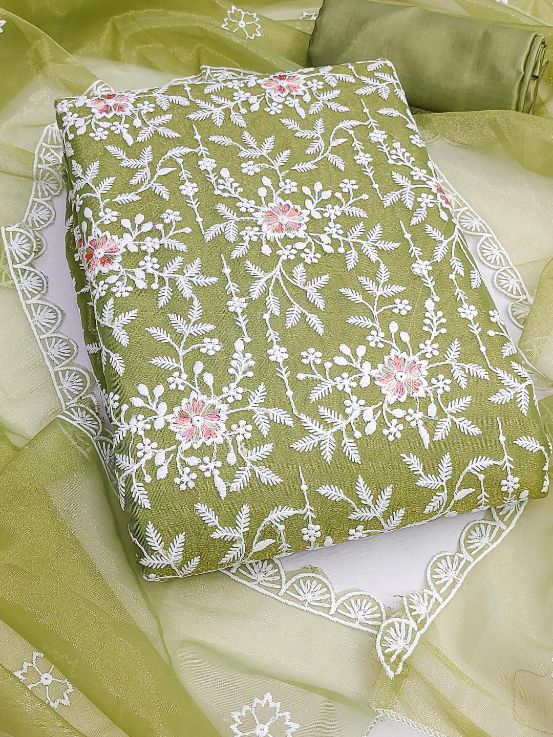 Kalini Women Light Green Twill Silk Embroidery Unstitched Dress Material with Dupatta