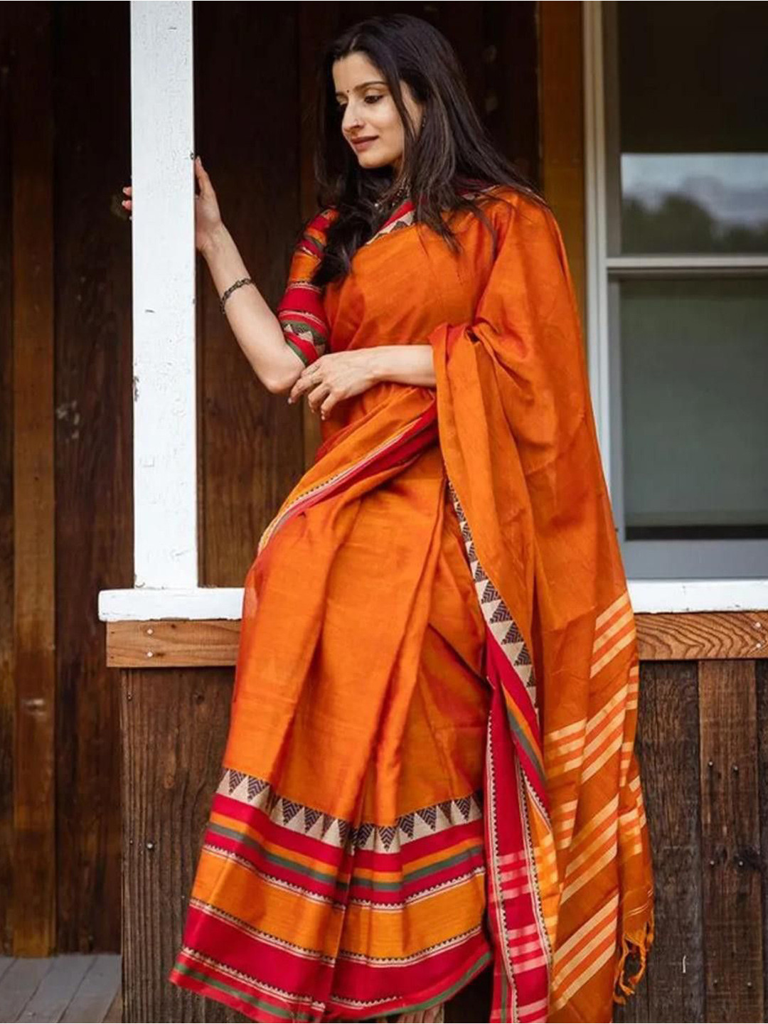 SUSHRITA BOUTIQUE Woven Design Pure Cotton Saree With Stitched Blouse
