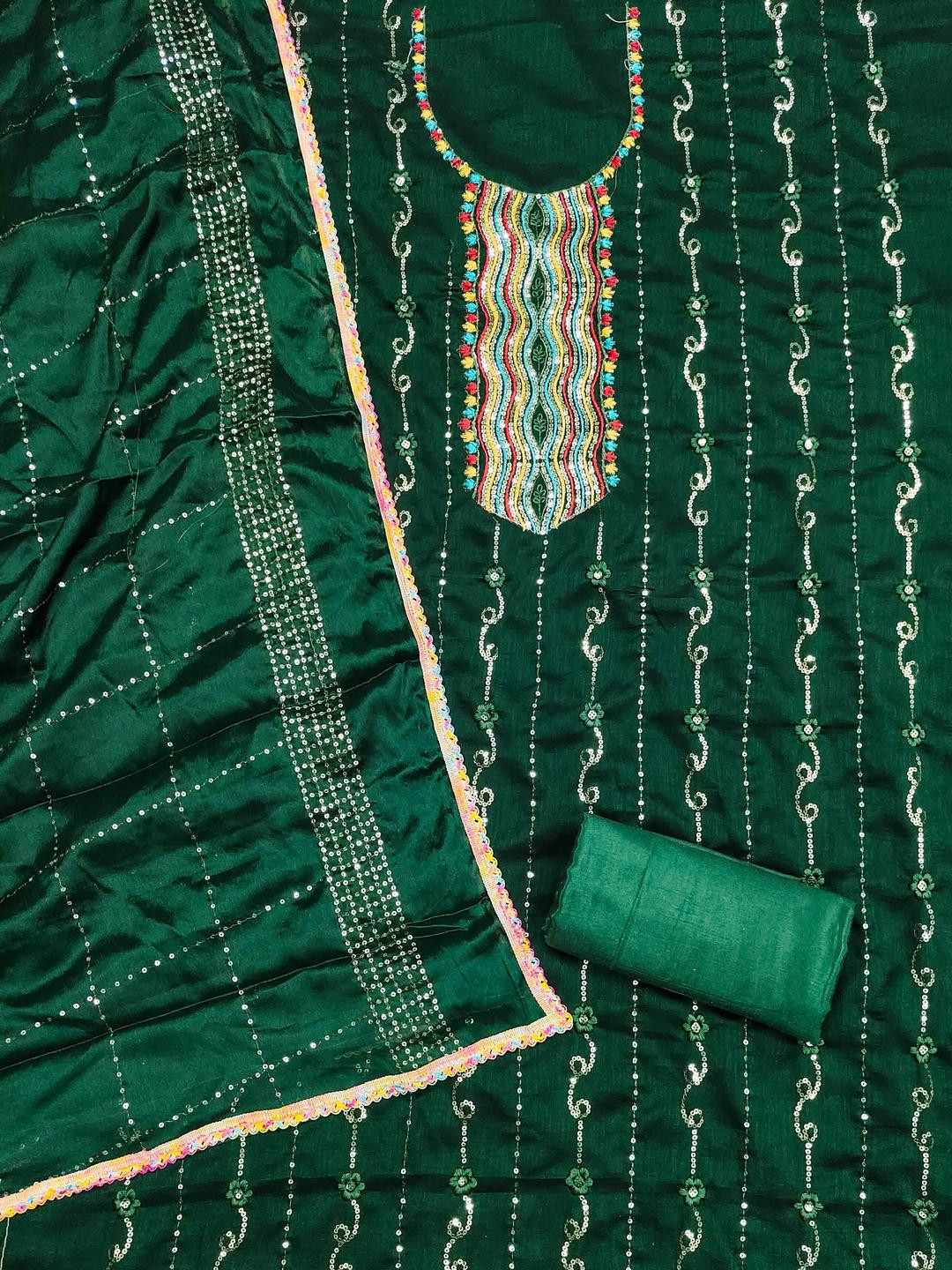 Kalini Women Green Vichitra Silk Sequence Unstitched Dress Material with Dupatta