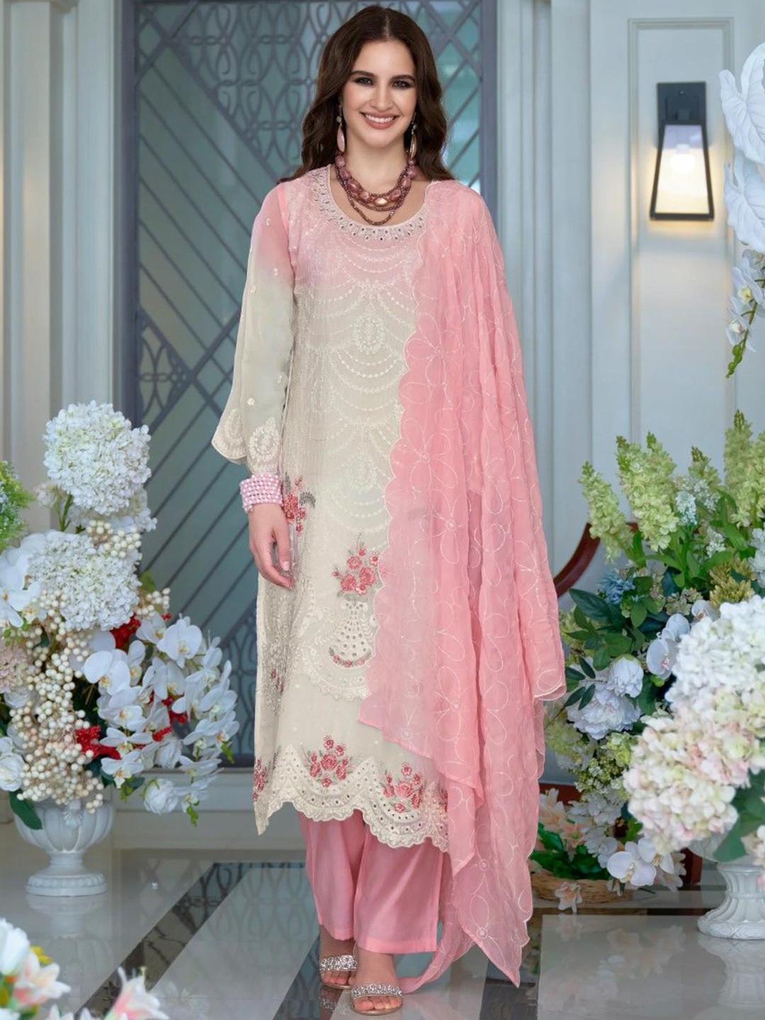 AUTUMN LANE Kaynat Floral Embroidered Organza Straight Kurta With Trousers & Dupatta