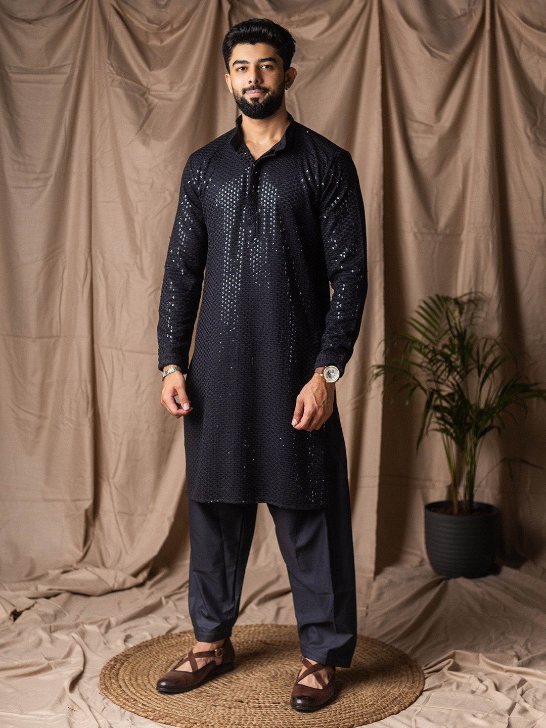 Rawayi Embroidered Band Collar Sequins Straight Kurta