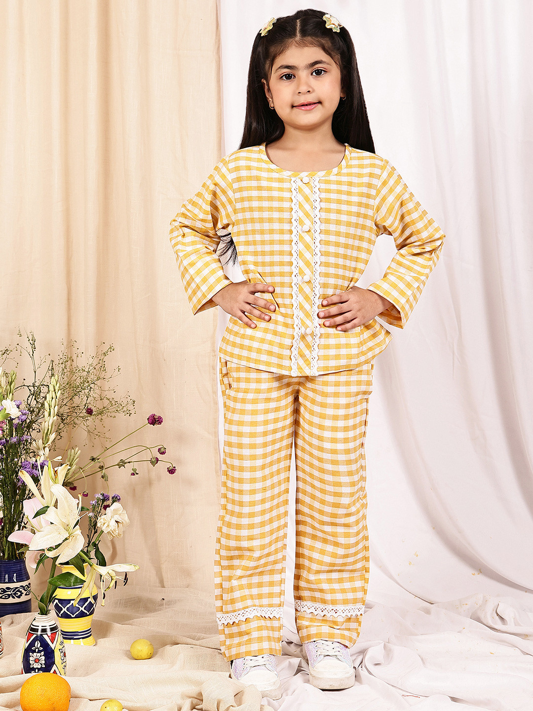 NEUDIS Girls Gingham Checked Top With Trousers Clothing Set