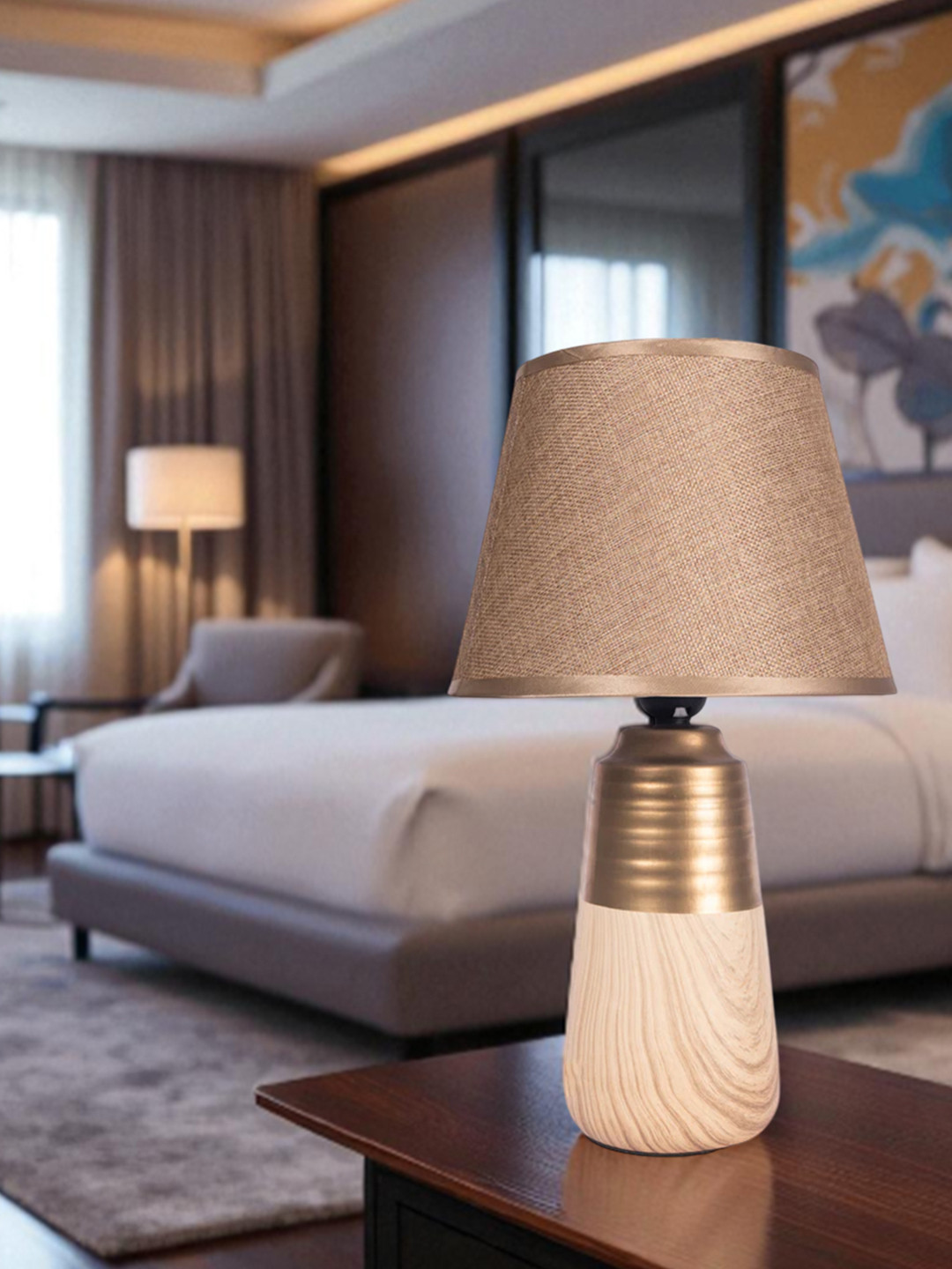 Beige Table Lamp Versatile With   Stylish Design  With Fabric Textured Lampshade Frustrum Shaped Ceramic Base