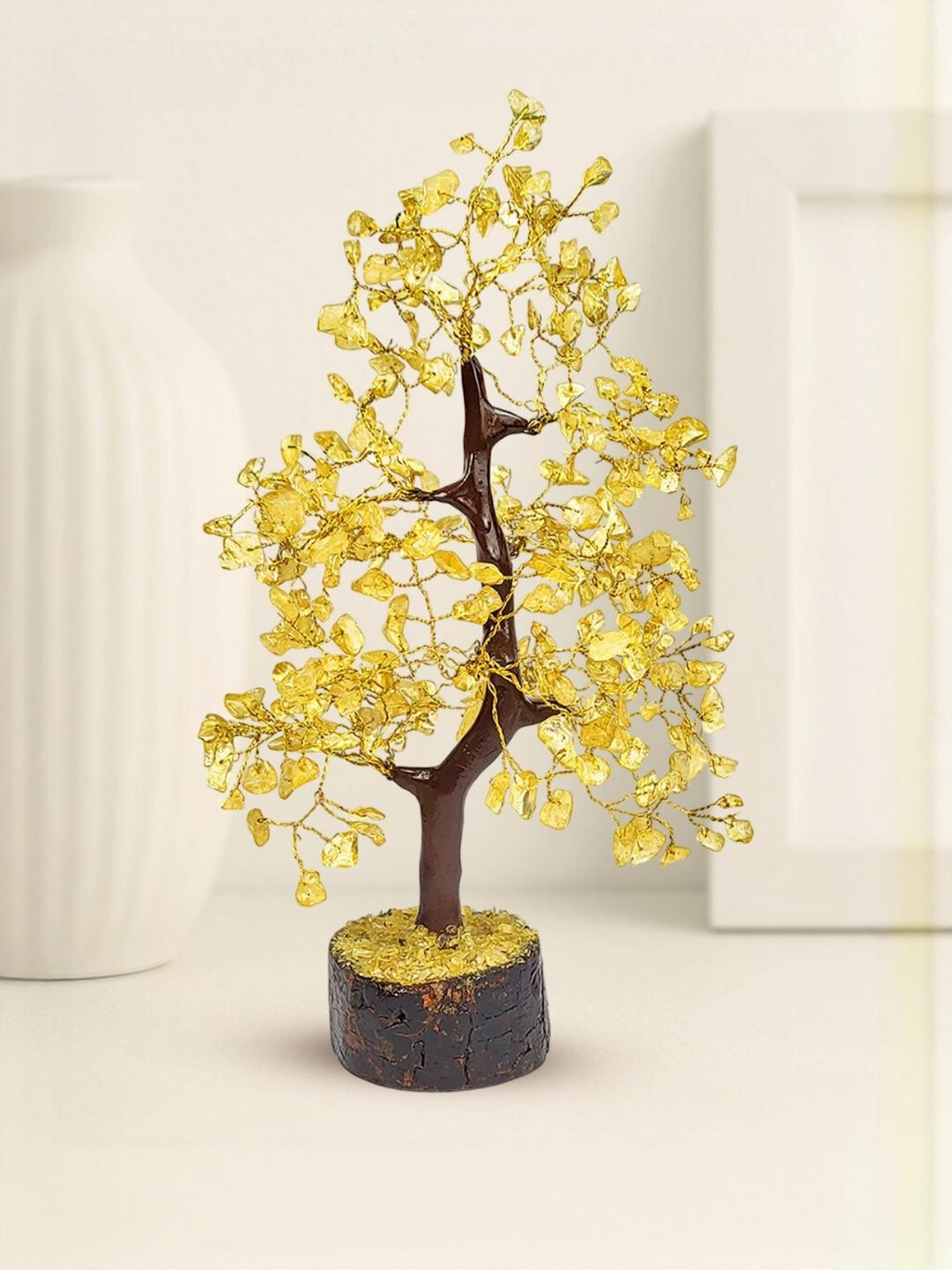Calminds Yellow Citrine Crystal Wooden Tree Showpiece