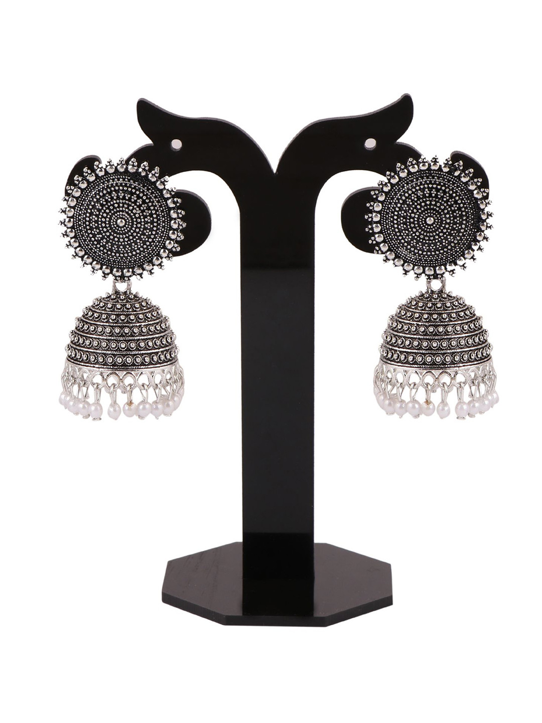 VIKESA Silver-Plated Kundan Studded & Artificial Beaded Dome Shaped Jhumkas