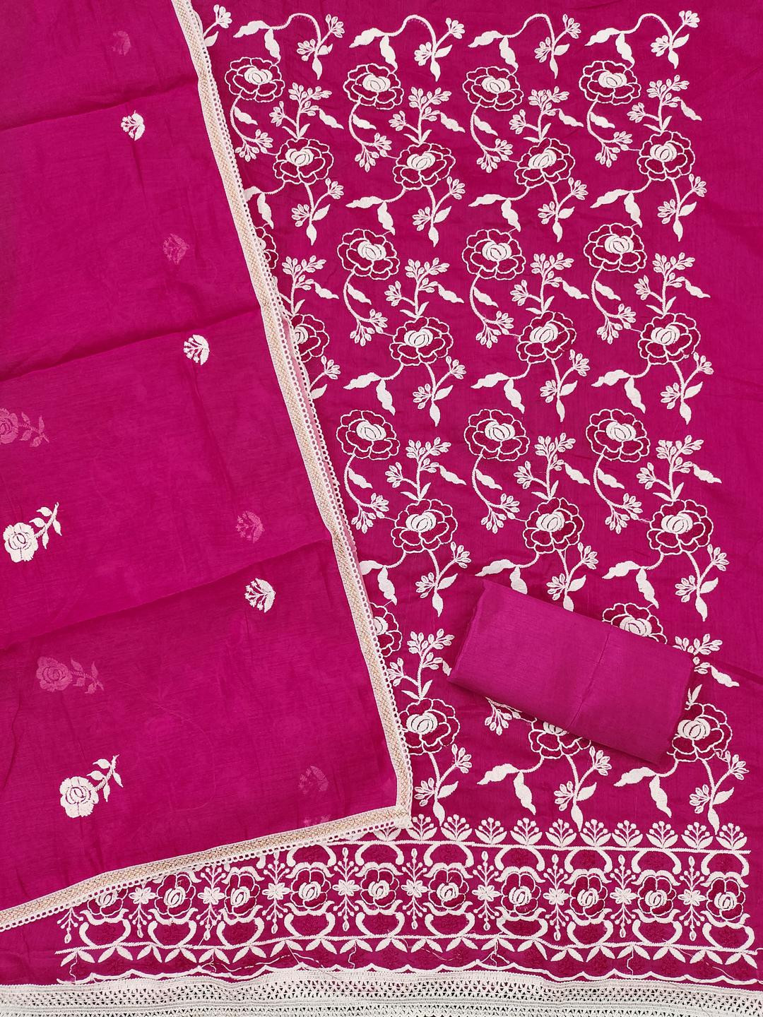 Kalini Women Pink Chanderi Cotton Embroidery Unstitched Dress Material with Dupatta