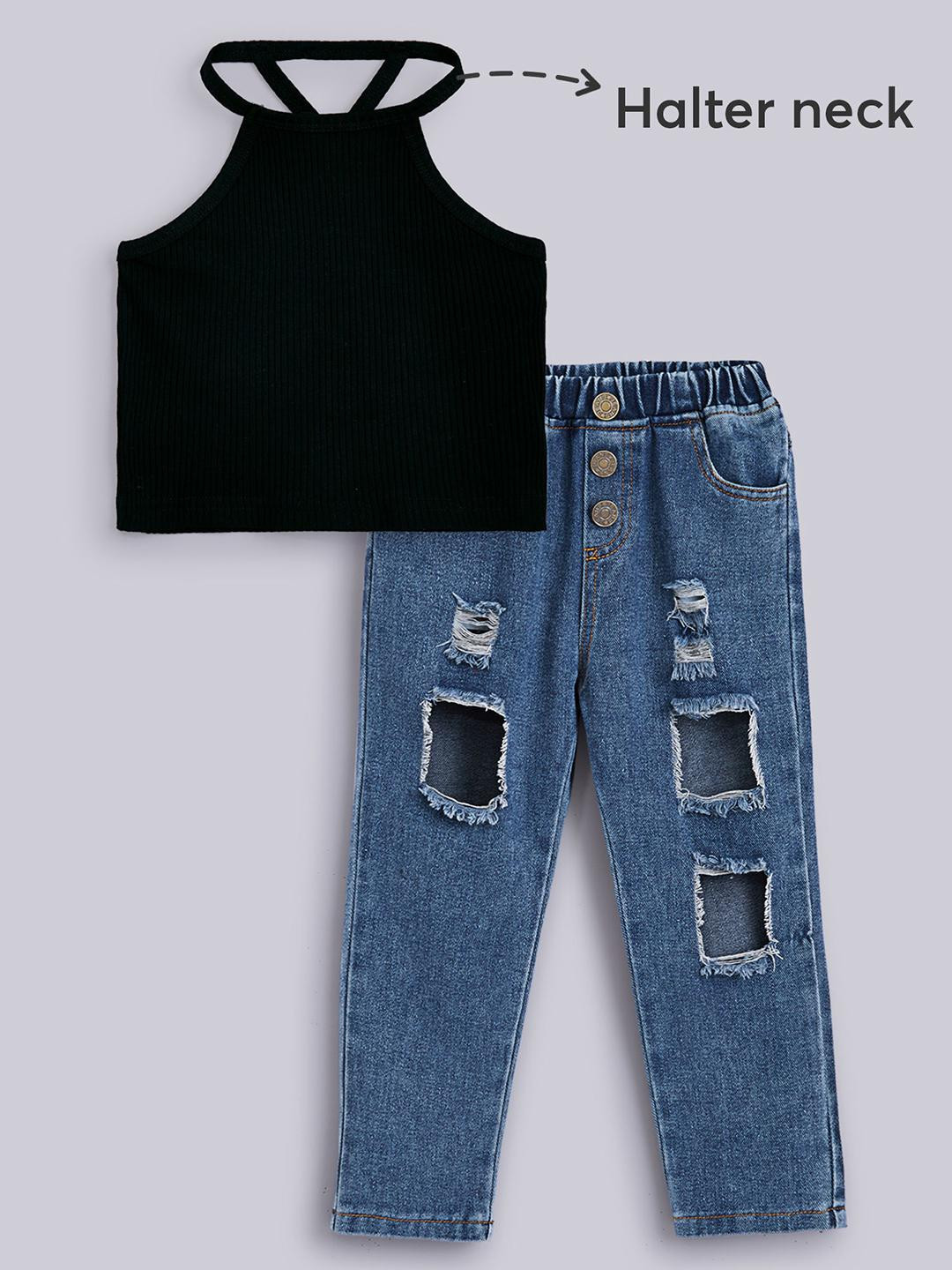 2-Pc Textured T-shirt & Jeans
