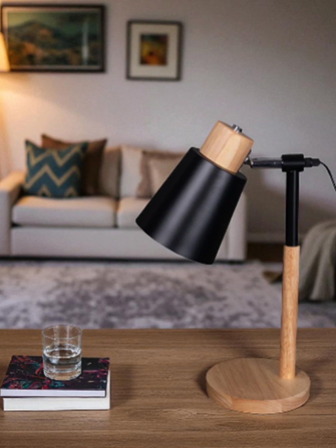 AARVI DECOR STUDIO Black Wood Frusturical Shaped Table Lamp