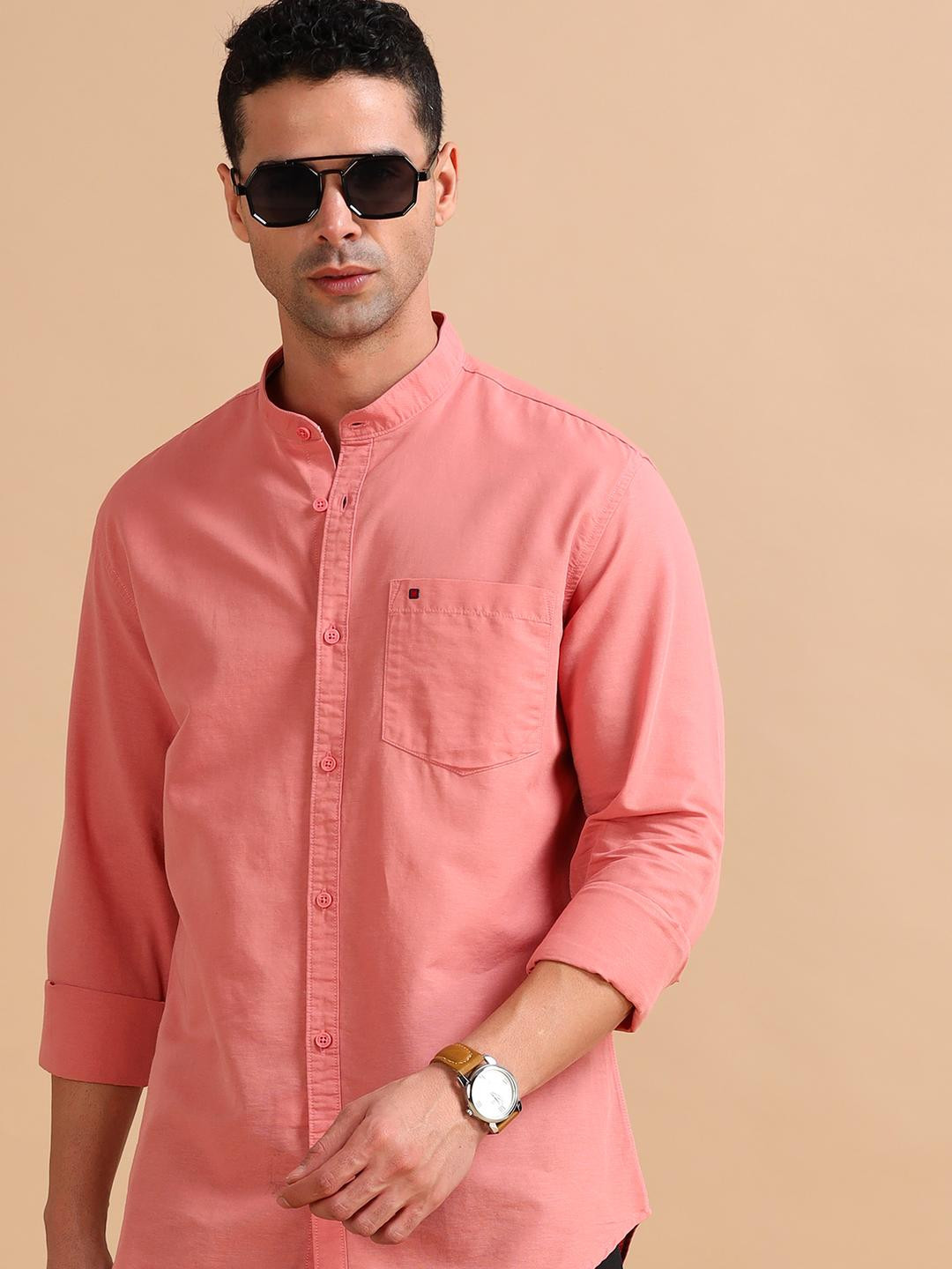 COOL COLORS Men Peach Solid Full Sleeve Mandarin Collar Slim Fit Cotton Shirt