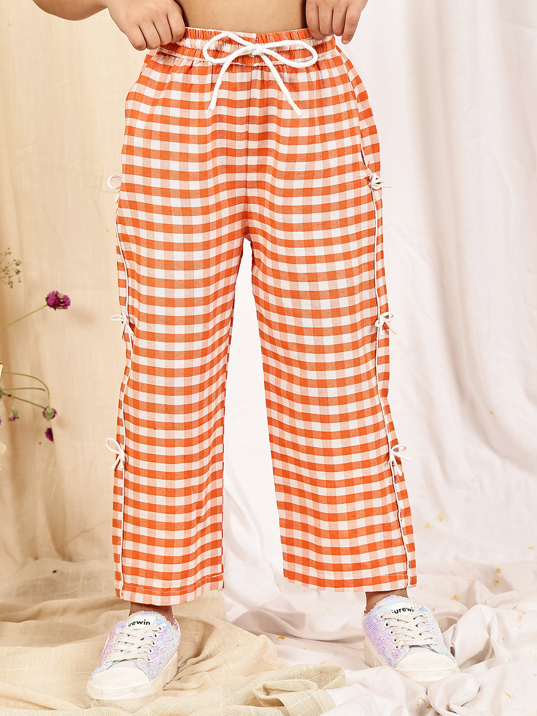 NEUDIS Girls Gingham Checked Wide Leg Mid-Rise Trousers