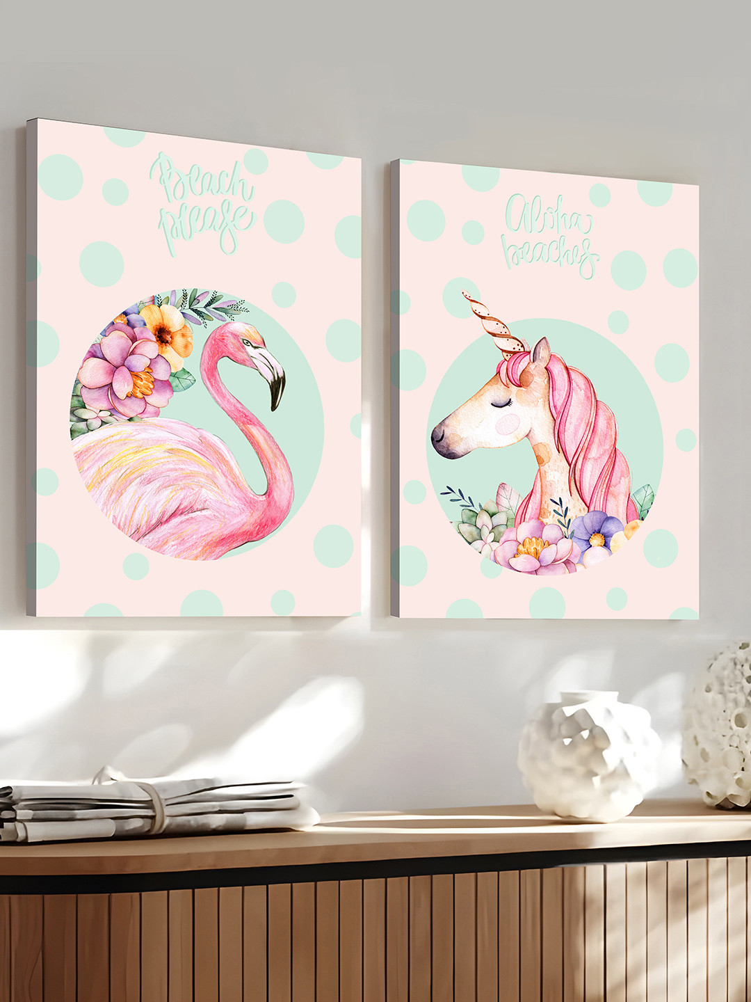 Art Street Pink & Sea Green 2 Pieces Canvas Birds And Animals Wall Art