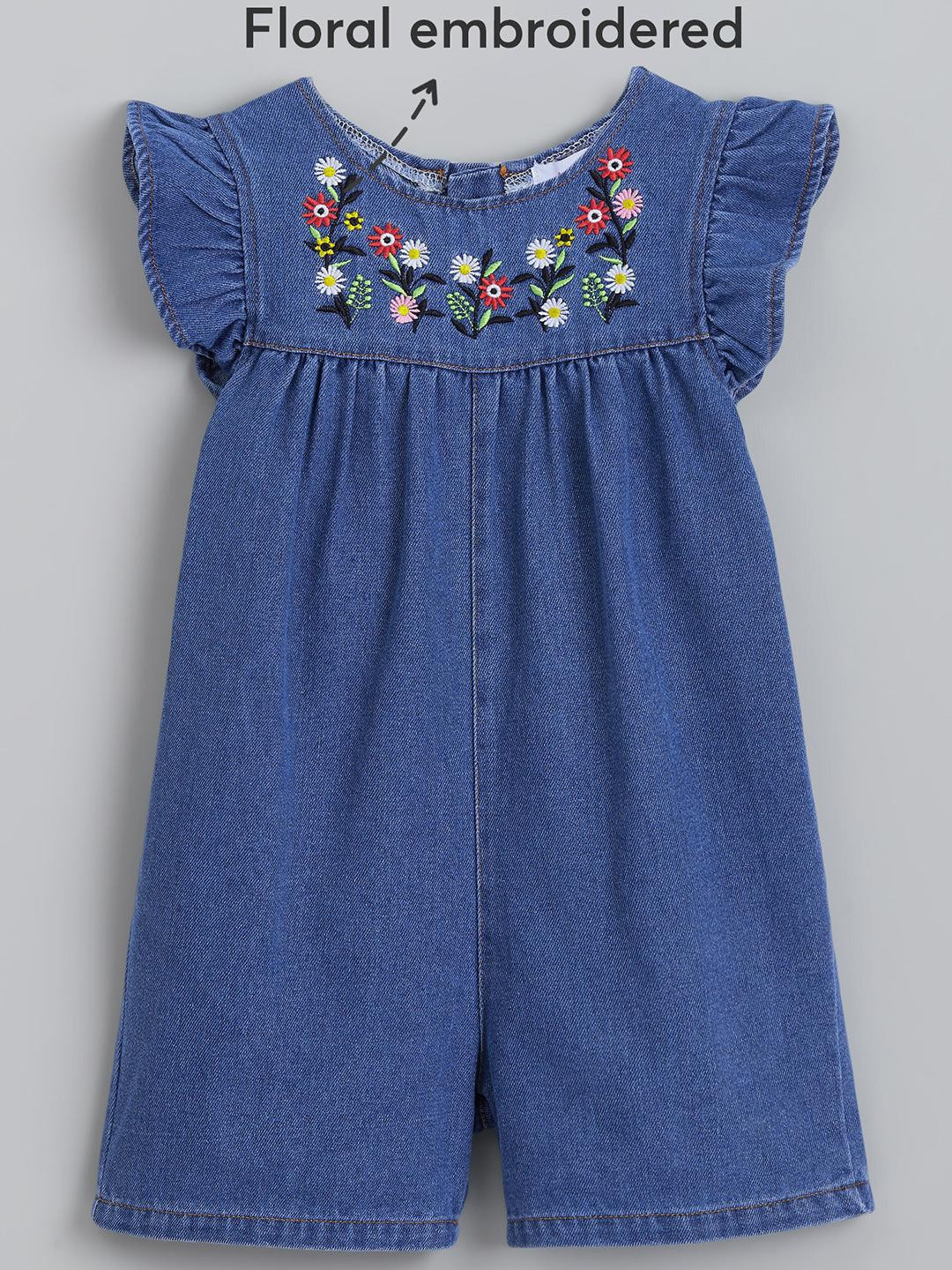 Hopscotch Girls Floral Embroidered Denim Jumpsuit