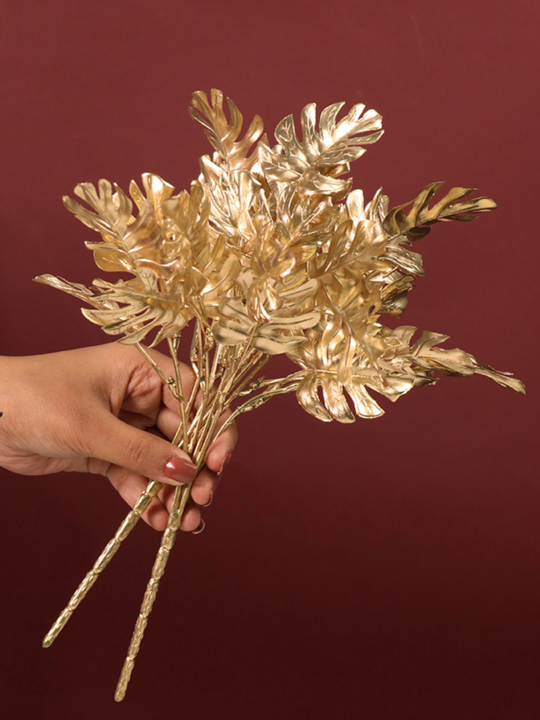 Art Street Gold-Toned 2 Pieces Monstera Leaves Stems UV-Resistant Artificial Plants