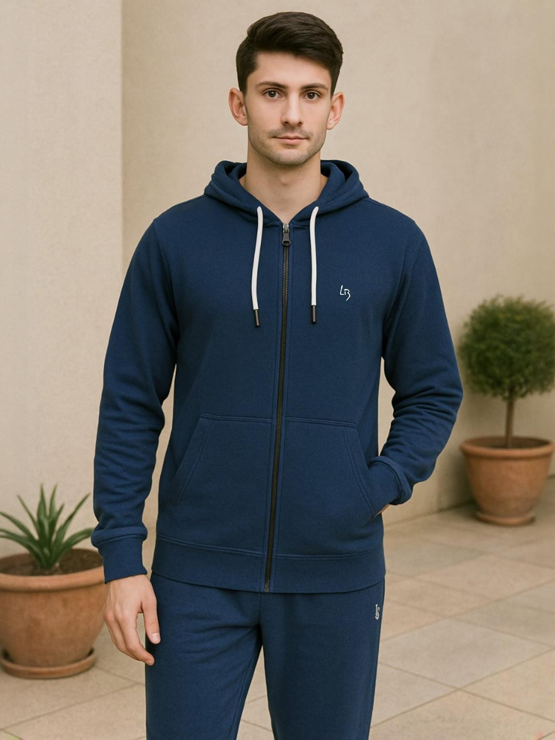 LEE BONEE Men Blue Hooded Long Sleeves Front-Open 2 Insert Pockets Cotton Sweatshirt