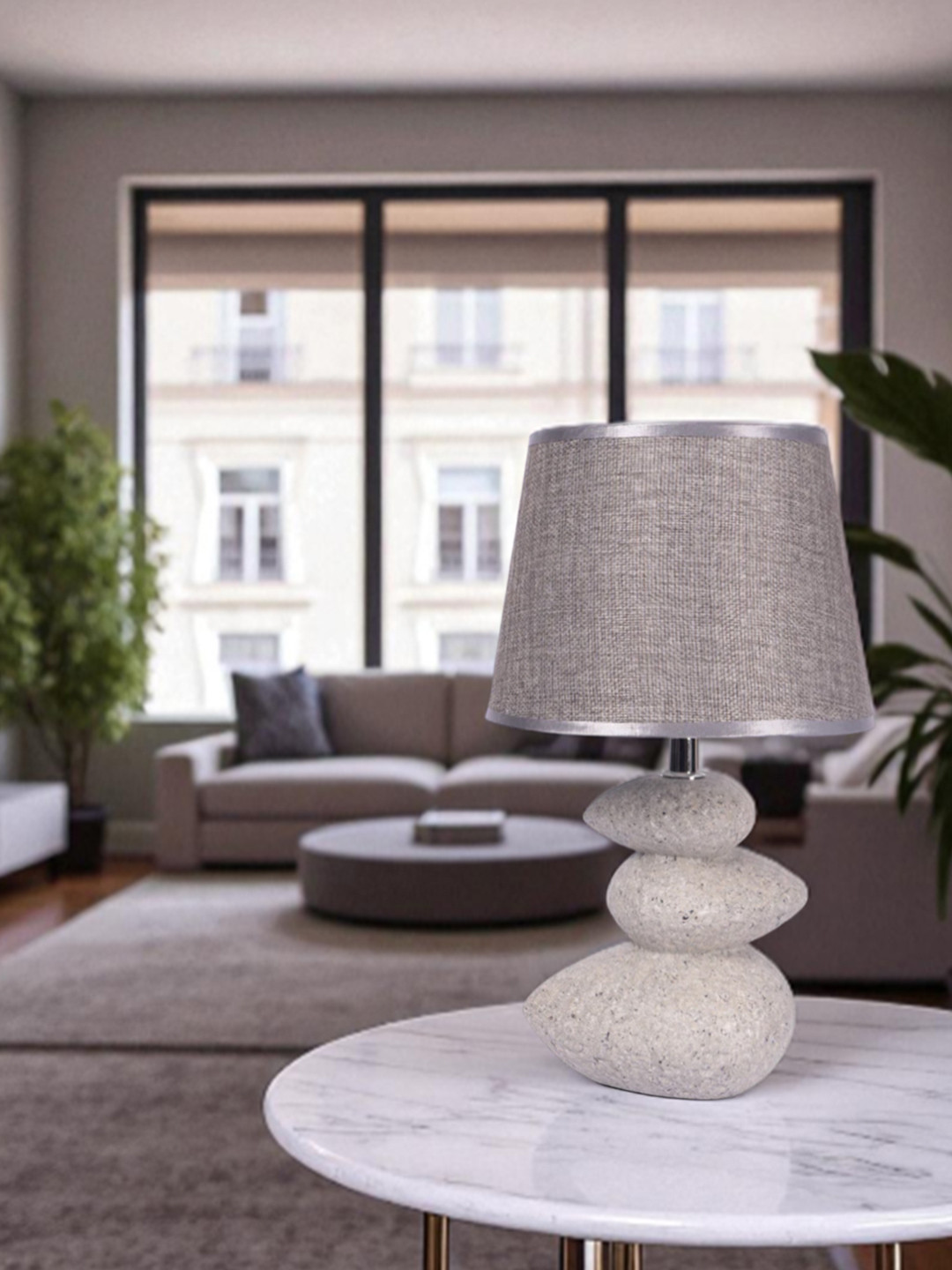 Light Gray Table Lamp With Luxurious  Modern Design   With Jute Textured Lampshade Pebble Shaped Ceramic Base