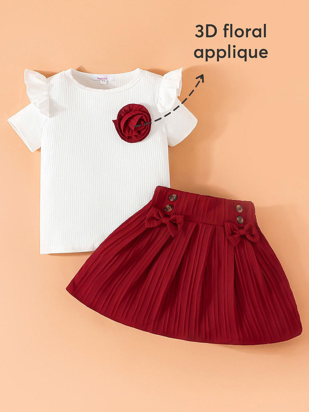 2-Pc Rosette Flutter Blouse & Skirt