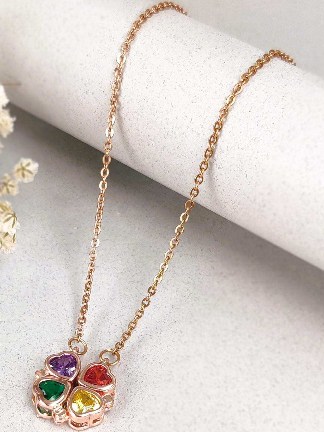LOLO LePA 18k Rose Gold Plated 2in1 Rainbow Artificial Stones Stainless Steel Chain