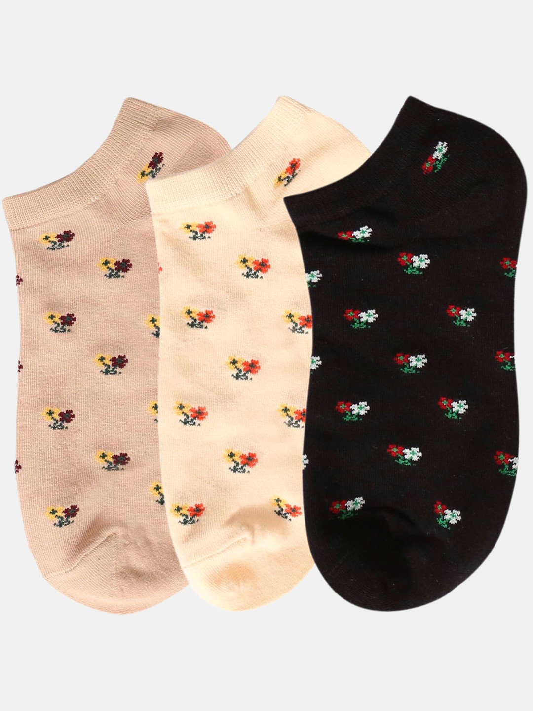 N2S NEXT2SKIN Women Pack Of 3 Flowered Pattern Cotton Ankle-Length Socks