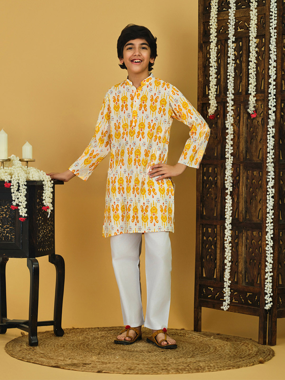 YK X Trampoline Boys Woven Pure Cotton Long Sleeves Geometric Printed Kurta Pyjama Set