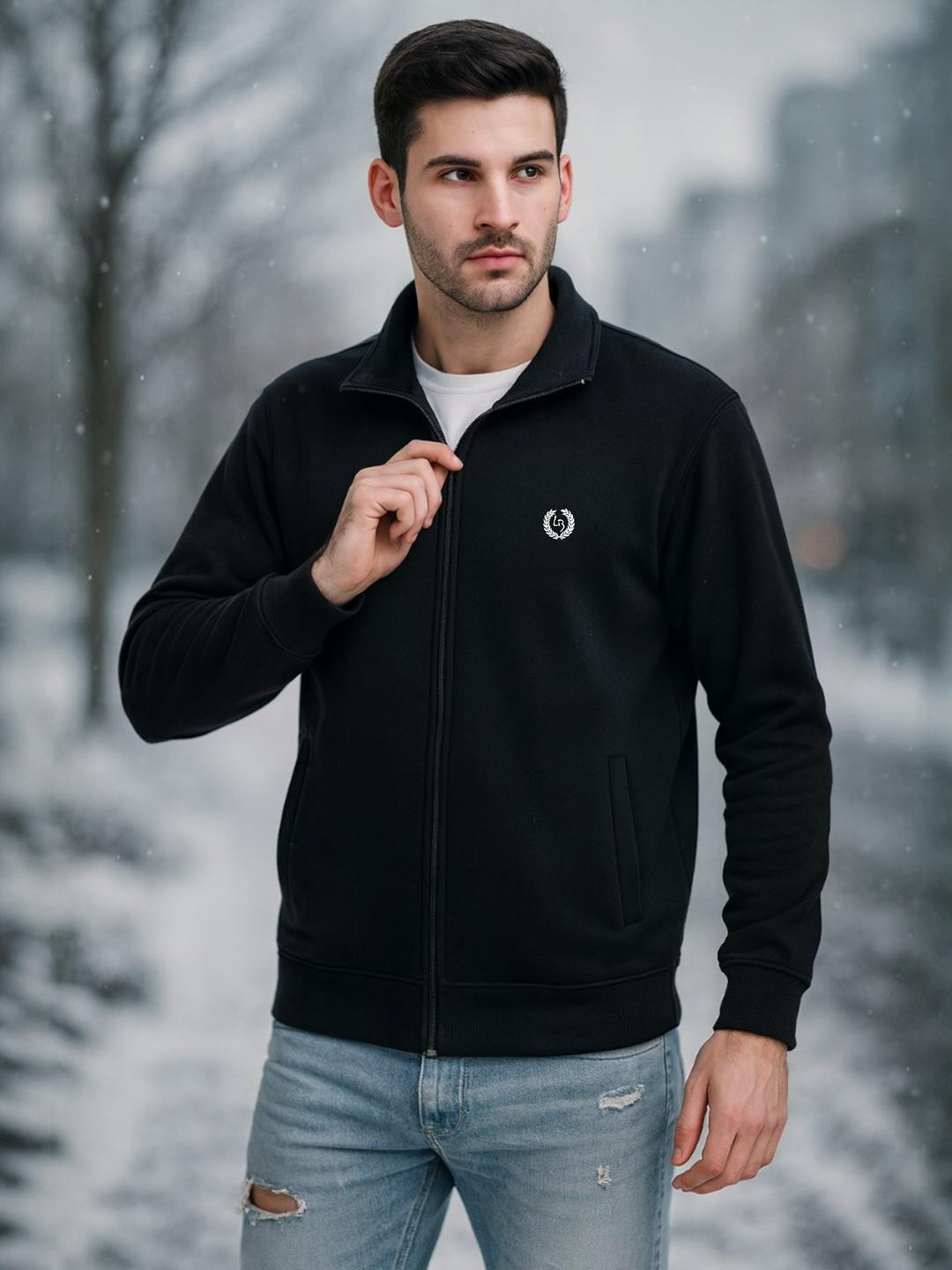 LEE BONEE Men Black Mock Collar Long Sleeves Front-Open 2 Insert Pockets Cotton Sweatshirt