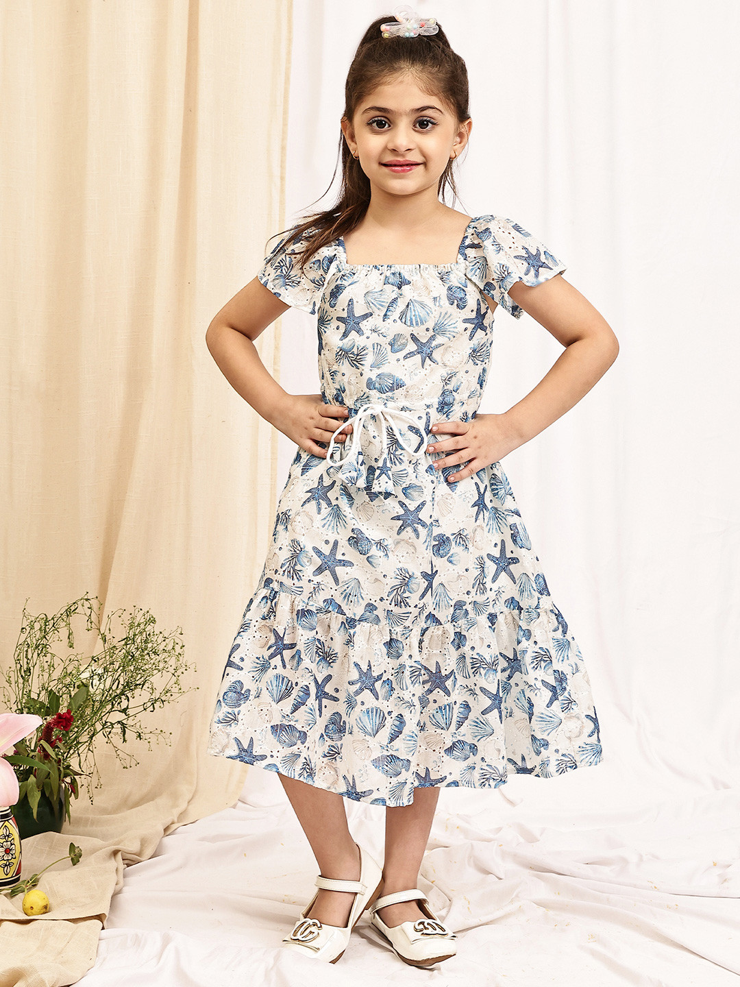 NEUDIS Girls Shell Printed Square Neck Tiered Fit and Flare Midi Dress