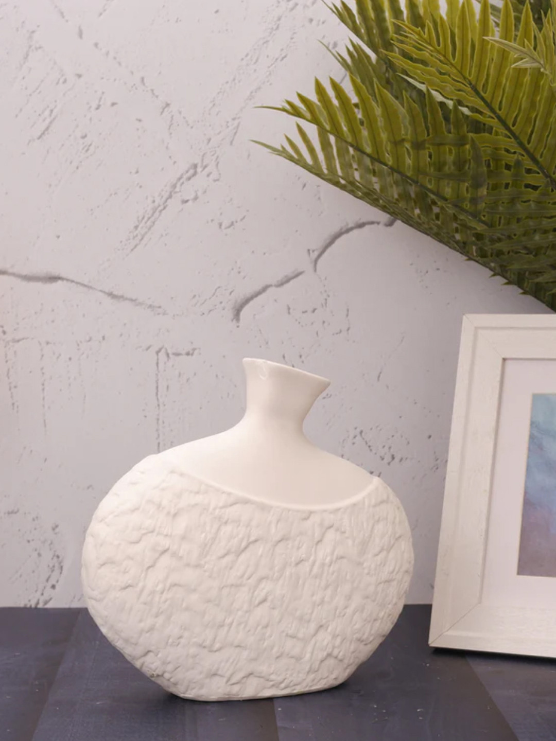 AARVI DECOR STUDIO White Modern Textured Design Ceramic Amphora Shaped Vase